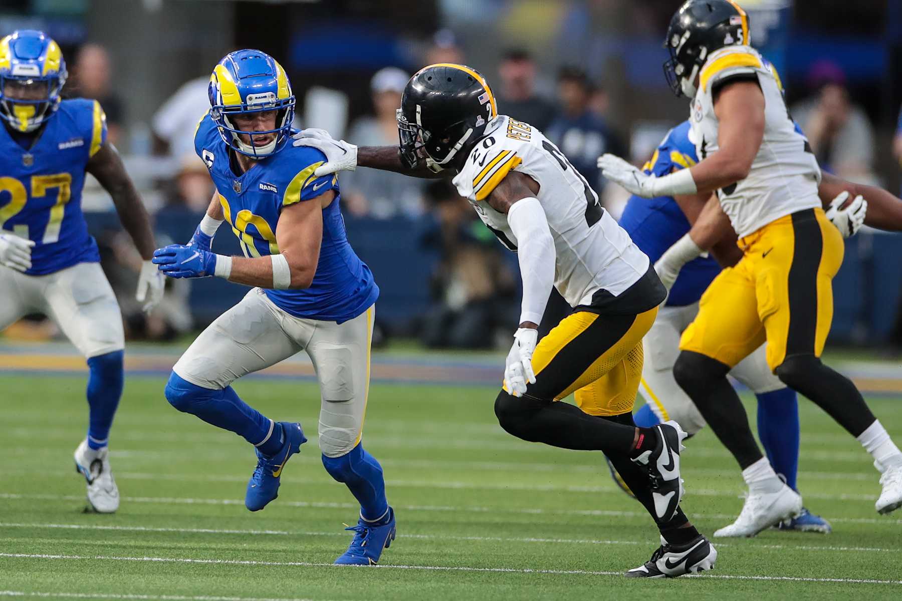 INGLEWOOD, CA - OCTOBER 22: Pittsburgh Steelers cornerback Patrick Peterson (20) slows down Los Angeles Rams wide receiver Cooper Kupp (10) during the NFL game between the Pittsburgh Steelers and the Los Angeles Rams on October 22, 2023, at SoFi Stadium in Inglewood, CA. (Photo by Jevone Moore/Icon Sportswire via Getty Images)