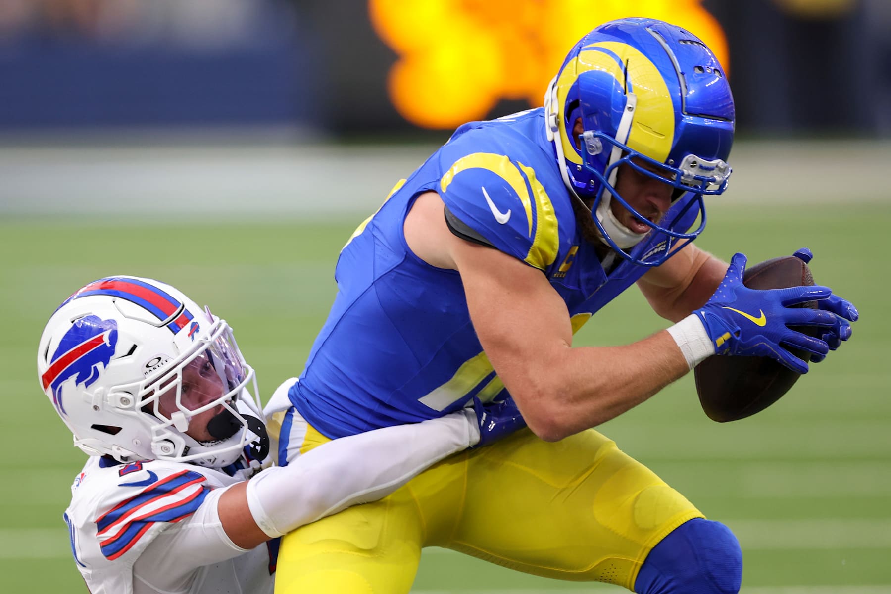 INGLEWOOD, CALIFORNIA - DECEMBER 08: Cooper Kupp #10 of the Los Angeles Rams is tackled by Taron Johnson #7 of the Buffalo Bills in the second quarter of a game at SoFi Stadium on December 08, 2024 in Inglewood, California. (Photo by Harry How/Getty Images)