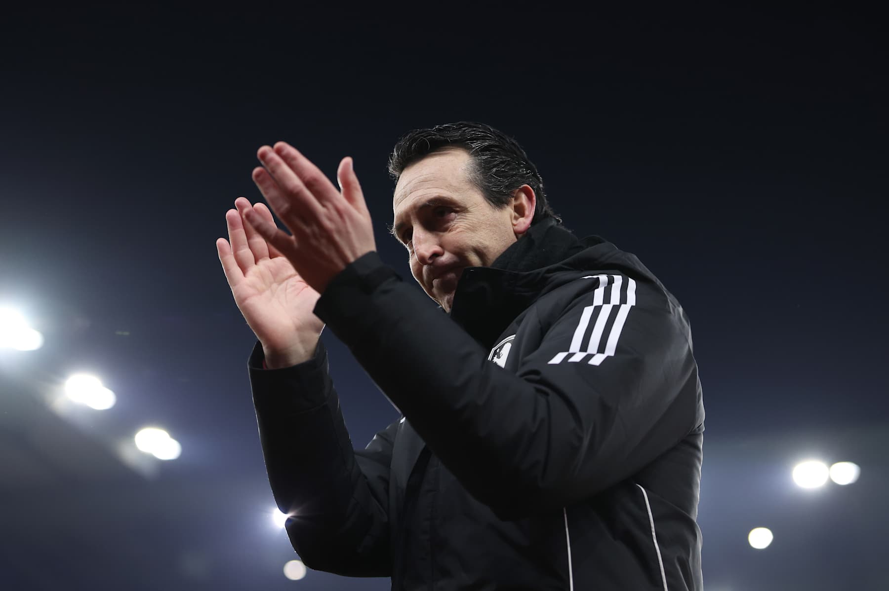 BIRMINGHAM, ENGLAND - JANUARY 10: Unai Emery, Manager of Aston Villa, applauds the fans after the team's victory in the Emirates FA Cup Third Round match between Aston Villa and West Ham United at Villa Park on January 10, 2025 in Birmingham, England. (Photo by Aston Villa/Aston Villa FC via Getty Images)