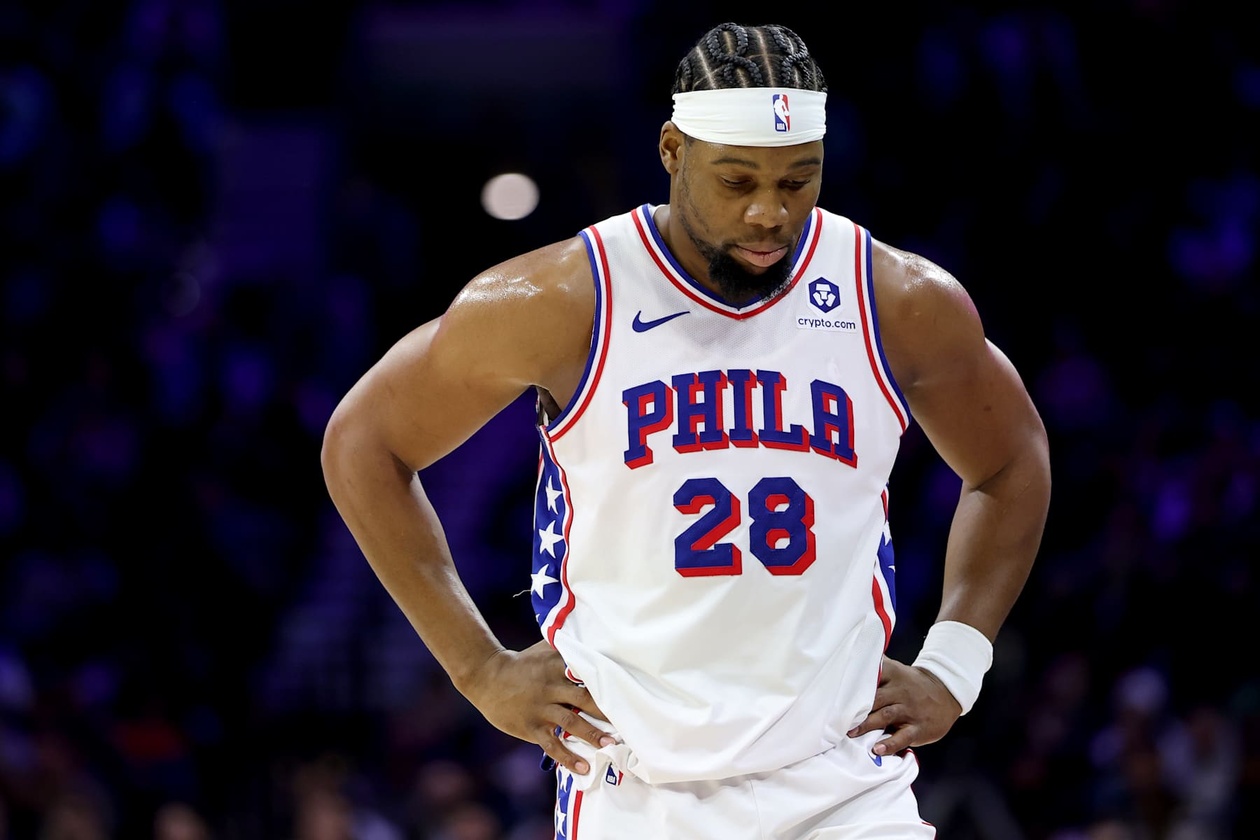 PHILADELPHIA, PENNSYLVANIA - FEBRUARY 02: Guerschon Yabusele #28 of the Philadelphia 76ers reacts to a call by the referee during the second half against the Boston Celtics at the Wells Fargo Center on February 02, 2025 in Philadelphia, Pennsylvania. NOTE TO USER: User expressly acknowledges and agrees that, by downloading and or using this photograph, User is consenting to the terms and conditions of the Getty Images License Agreement. (Photo by Emilee Chinn/Getty Images)
