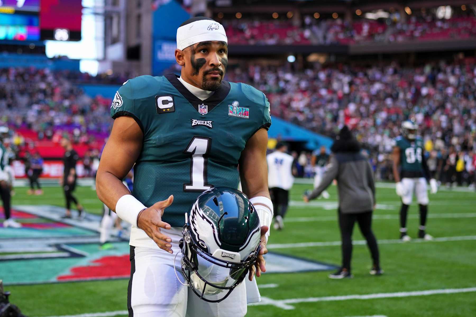 GLENDALE, AZ - FEBRUARY 12: Jalen Hurts #1 of the Philadelphia Eagles takes off his helmet against the Kansas City Chiefs after Super Bowl LVII at State Farm Stadium on February 12, 2023 in Glendale, Arizona. The Chiefs defeated the Eagles 38-35. (Photo by Cooper Neill/Getty Images)