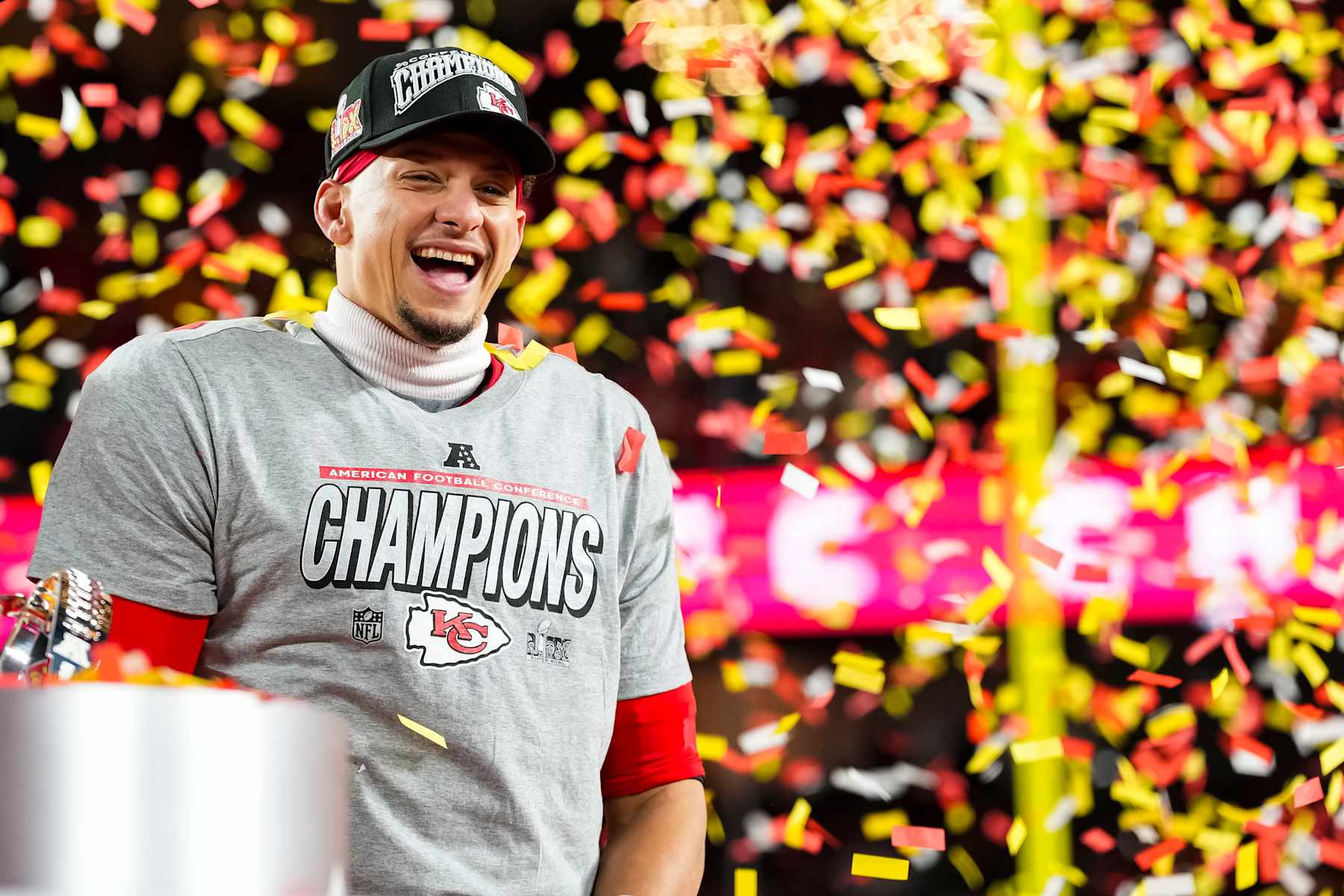 KANSAS CITY, MISSOURI - JANUARY 26: Quarterback Patrick Mahomes #15 of the Kansas City Chiefs celebrates on the podium after the AFC Championship game against the Buffalo Bills, at GEHA Field at Arrowhead Stadium on January 26, 2025 in Kansas City, Missouri. (Photo by Todd Rosenberg/Getty Images)