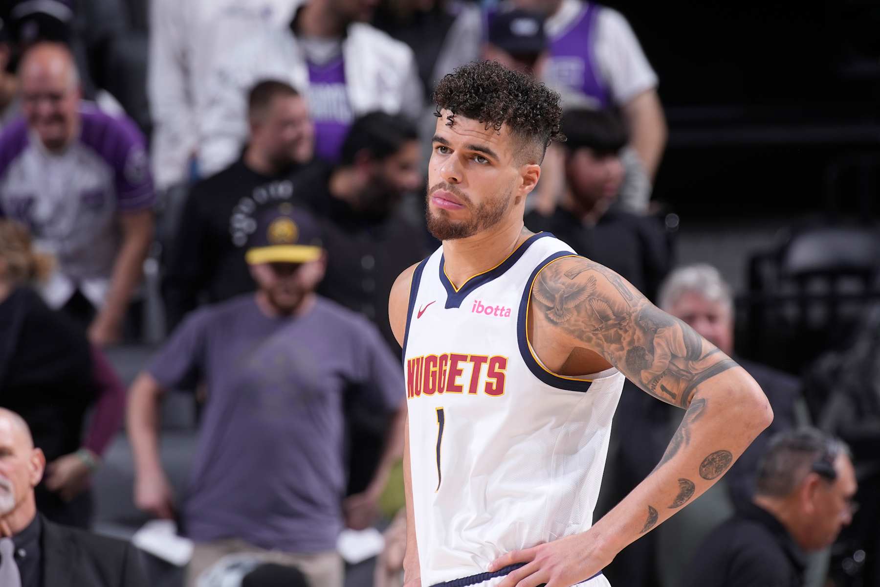 SACRAMENTO, CA - DECEMBER 16: Michael Porter Jr. #1 of the Denver Nuggets looks on during the game against the Sacramento Kings on December 16, 2024 at Golden 1 Center in Sacramento, California. NOTE TO USER: User expressly acknowledges and agrees that, by downloading and or using this photograph, User is consenting to the terms and conditions of the Getty Images Agreement. Mandatory Copyright Notice: Copyright 2024 NBAE (Photo by Rocky Widner/NBAE via Getty Images)