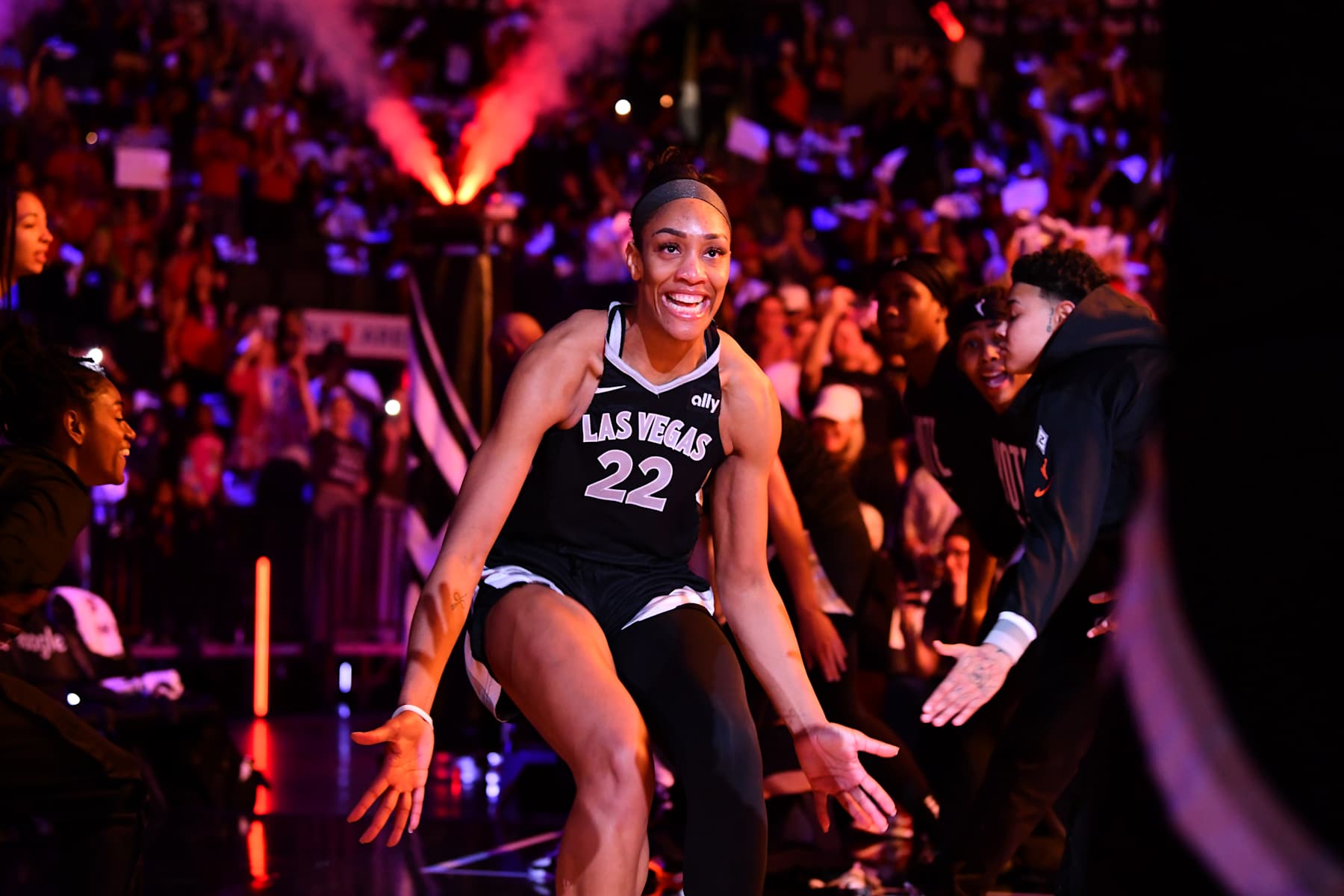 LAS VEGAS, NV - OCTOBER 6: A'ja Wilson #22 of the Las Vegas Aces is introduced before the game against the New York Liberty during Round Two Game Four of the 2024 WNBA Playoffs on October 6, 2024 at Michelob ULTRA Arena in Las Vegas, Nevada. NOTE TO USER: User expressly acknowledges and agrees that, by downloading and or using this photograph, user is consenting to the terms and conditions of the Getty Images License Agreement. Mandatory Copyright Notice: Copyright 2024 NBAE (Photo by Barry Gossage/NBAE via Getty Images)