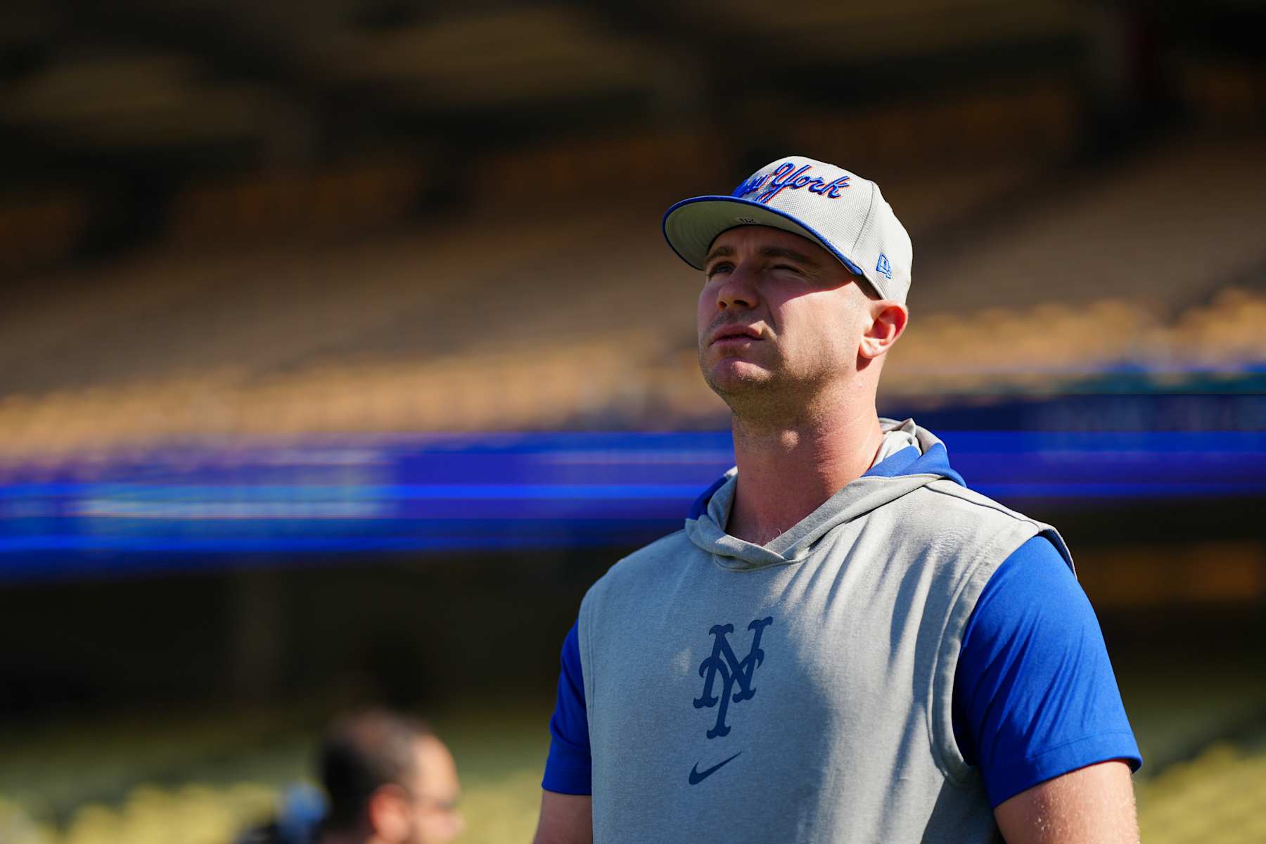 LOS ANGELES, CA - OCTOBER 13: Pete Alonso #20 of the New York Mets looks on during batting practice prior to Game 1 of the NLCS between the New York Mets and the Los Angeles Dodgers at Dodger Stadium on Sunday, October 13, 2024 in Los Angeles, California. (Photo by Daniel Shirey/MLB Photos via Getty Images)