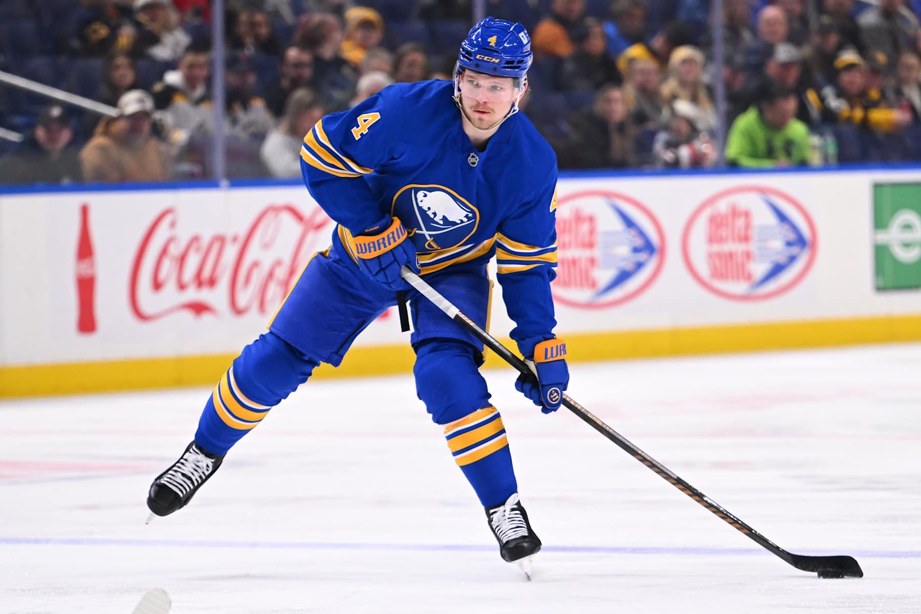 BUFFALO, NY - JANUARY 28: Bowen Byram #4 of the Buffalo Sabres skates against the Boston Bruins during an NHL game on January 28, 2025 at KeyBank Center in Buffalo, New York. Buffalo won, 7-2. (Photo by Joe Hrycych/Getty Images)