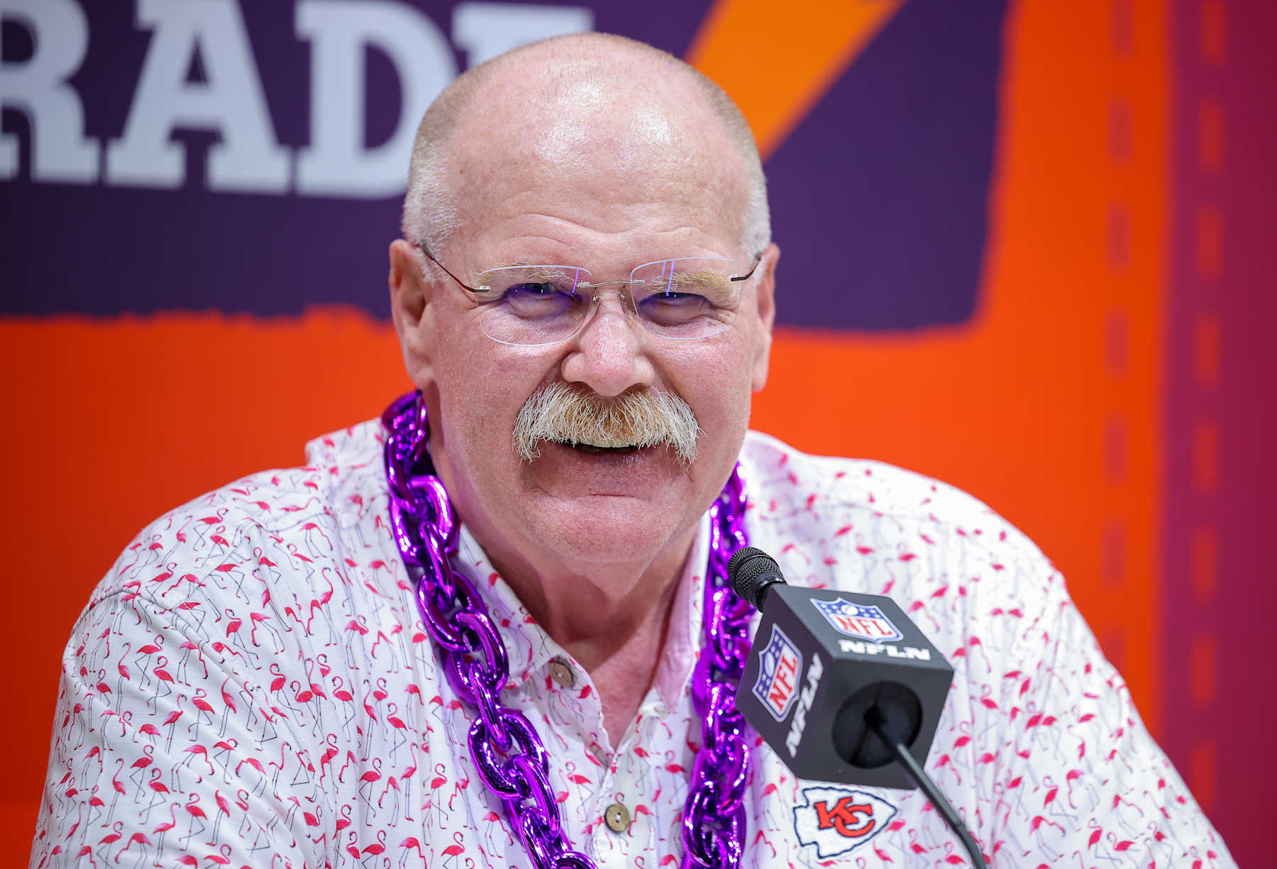 NEW ORLEANS, LOUISIANA - FEBRUARY 03: Head coach Andy Reid of the Kansas City Chiefs addresses the media during Super Bowl LIX Opening Night at Caesars Superdome on February 03, 2025 in New Orleans, Louisiana. (Photo by Jonathan Bachman/Getty Images)