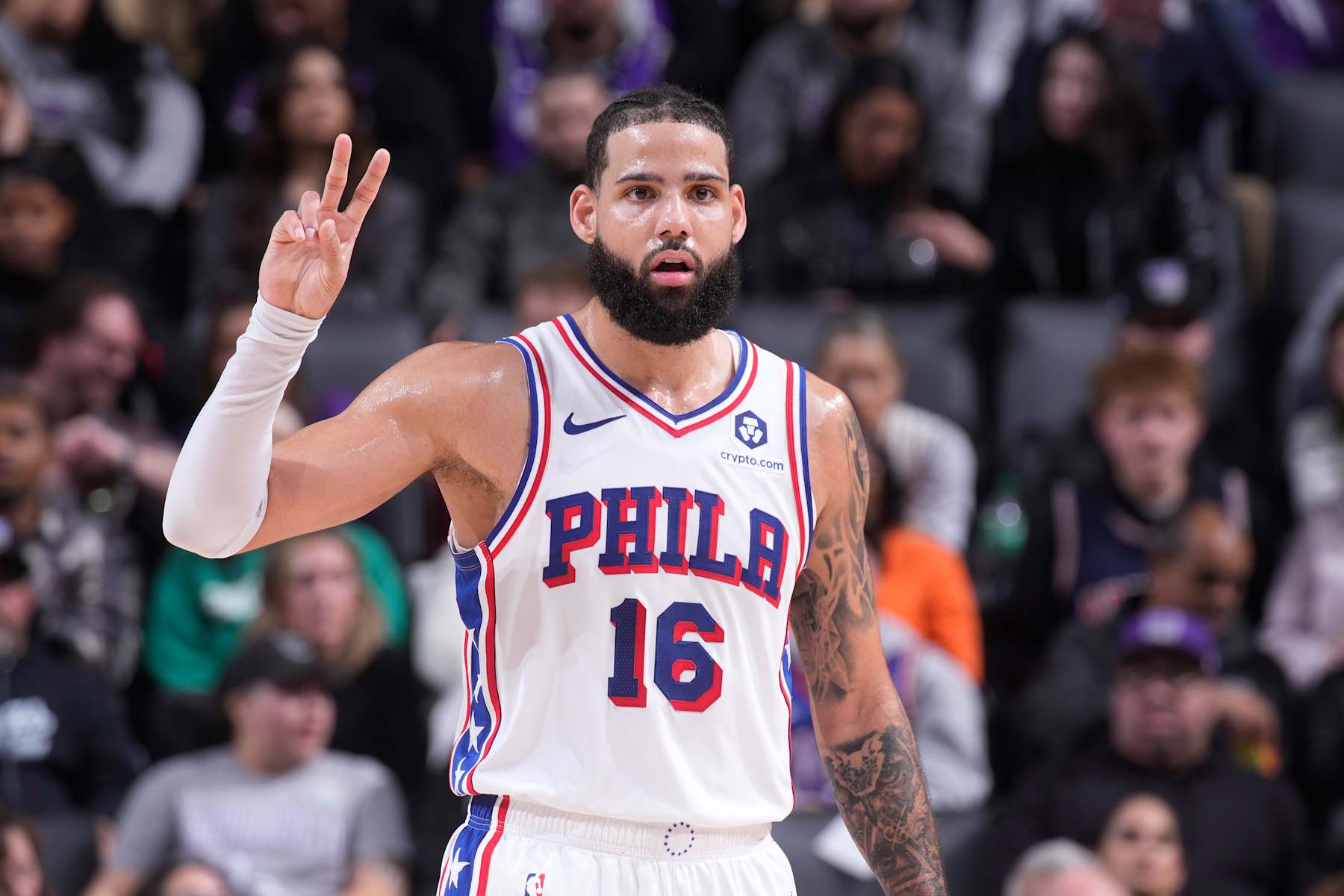 SACRAMENTO, CA - JANUARY 1: Caleb Martin #16 of the Philadelphia 76ers calls a play during the game against the Sacramento Kings on January 1, 2025 at Golden 1 Center in Sacramento, California. NOTE TO USER: User expressly acknowledges and agrees that, by downloading and or using this photograph, User is consenting to the terms and conditions of the Getty Images Agreement. Mandatory Copyright Notice: Copyright 2025 NBAE (Photo by Rocky Widner/NBAE via Getty Images)