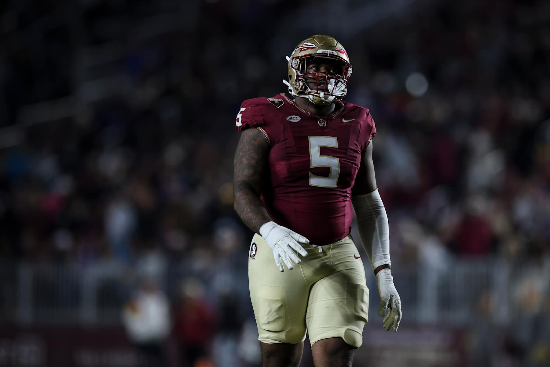 TALLAHASSEE, FLORIDA - NOVEMBER 30: Joshua Farmer #5 of the Florida State Seminoles reacts during the second half of a game against the Florida Gators at Doak Campbell Stadium on November 30, 2024 in Tallahassee, Florida. (Photo by James Gilbert/Getty Images)