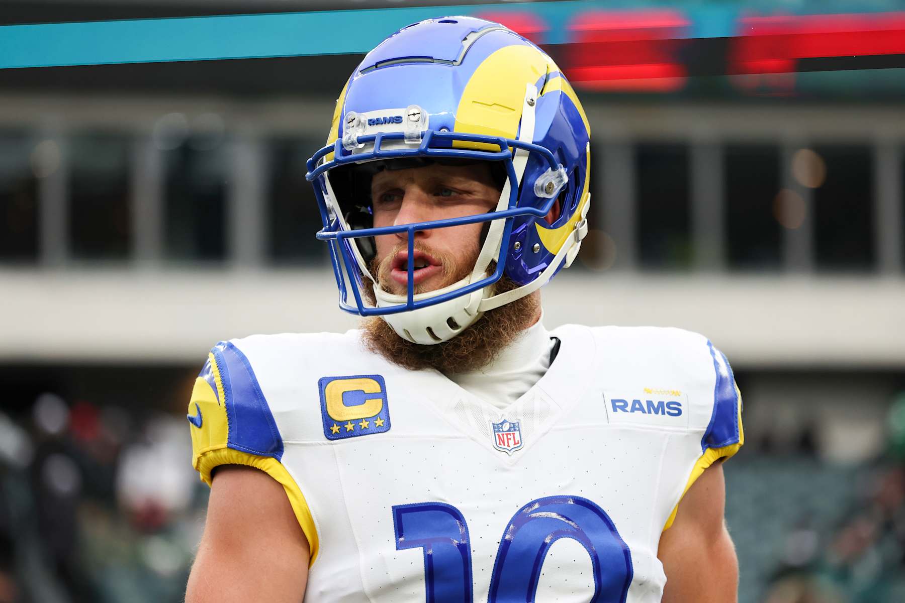 PHILADELPHIA, PENNSYLVANIA - JANUARY 19: Cooper Kupp #10 of the Los Angeles Rams warms up prior to the NFC Divisional playoff game against the Philadelphia Eagles at Lincoln Financial Field on January 19, 2025 in Philadelphia, Pennsylvania. The Eagles defeated the Rams 28-22. (Kara Durrette/Getty Images)
