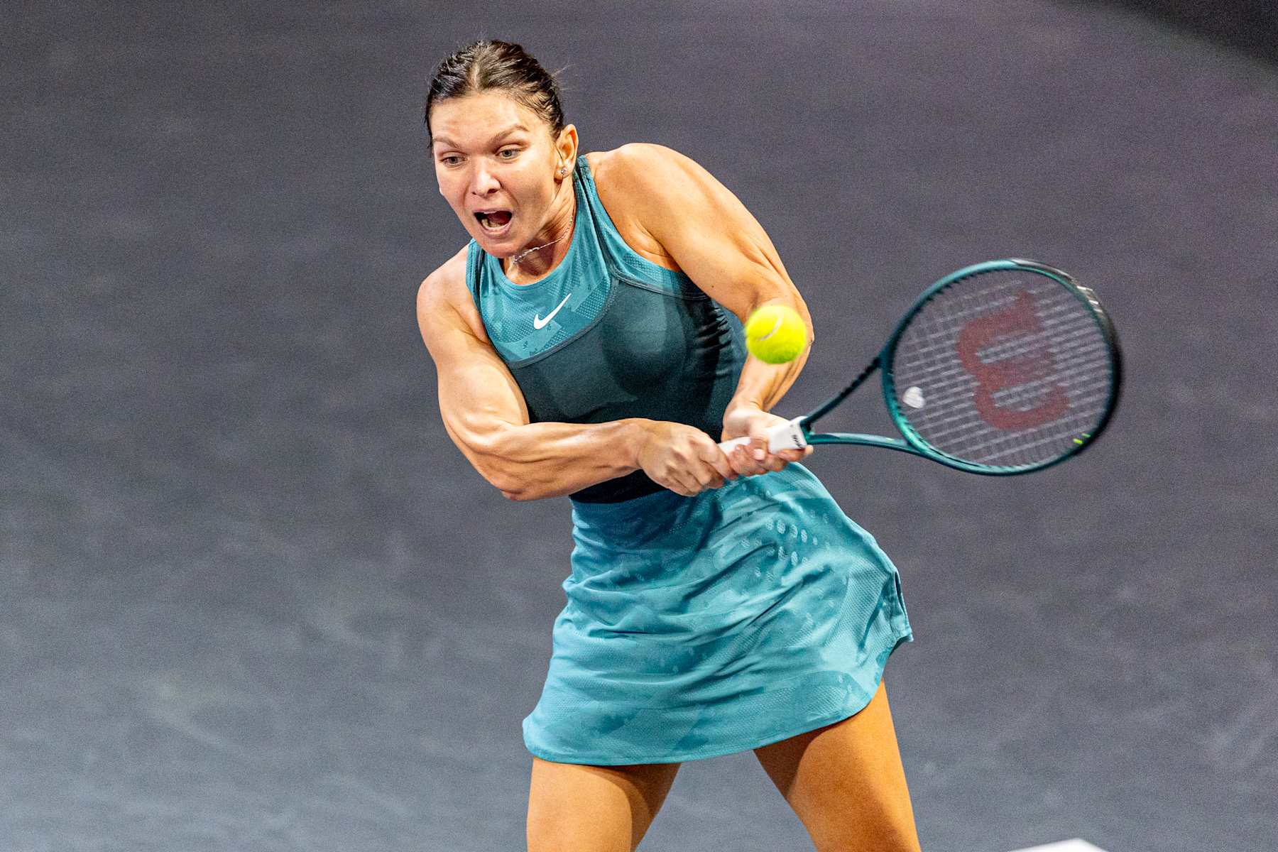 CLUJ-NAPOCA, ROMANIA - FEBRUARY 04: Simona Halep of Romania in action against Lucia Bronzetti of Italy during Transylvania Open round 1 on February 04, 2025 in BT Arena, in Cluj-Napoca, Romania. (Photo by Horvath Tamas/Getty Images)