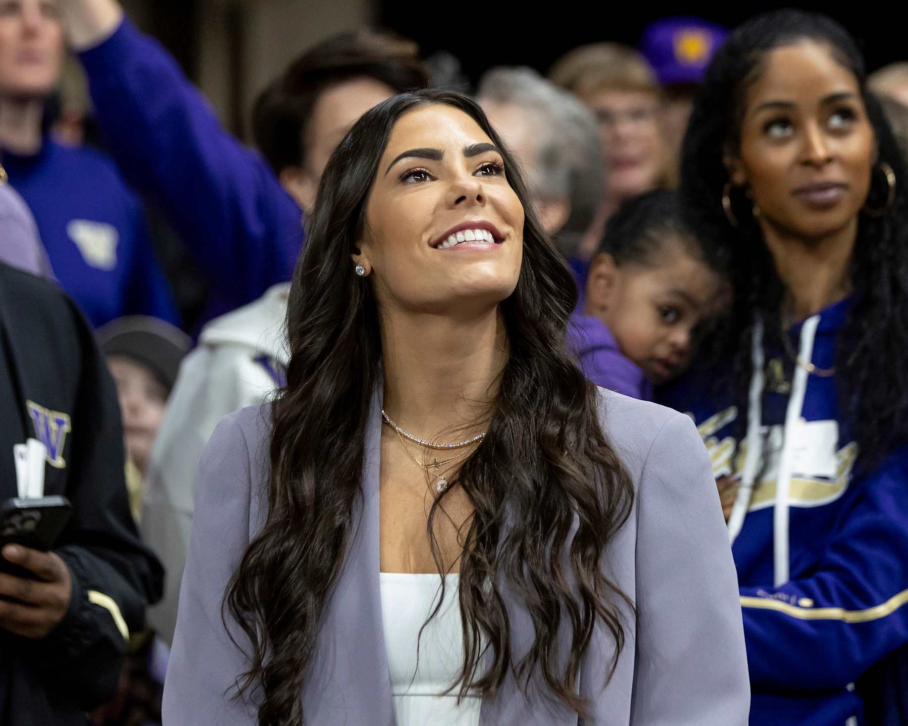 SEATTLE, WA - JANUARY 18: Kelsey Plum smiles during her jersey retirement ceremony on January 18, 2025 at the University of Washington in Seattle, Washington. NOTE TO USER: User expressly acknowledges and agrees that, by downloading and or using this photograph, User is consenting to the terms and conditions of the Getty Images License Agreement. Mandatory Copyright Notice: Copyright 2025 NBAE (Photo by Scott Eklund/NBAE via Getty Images)