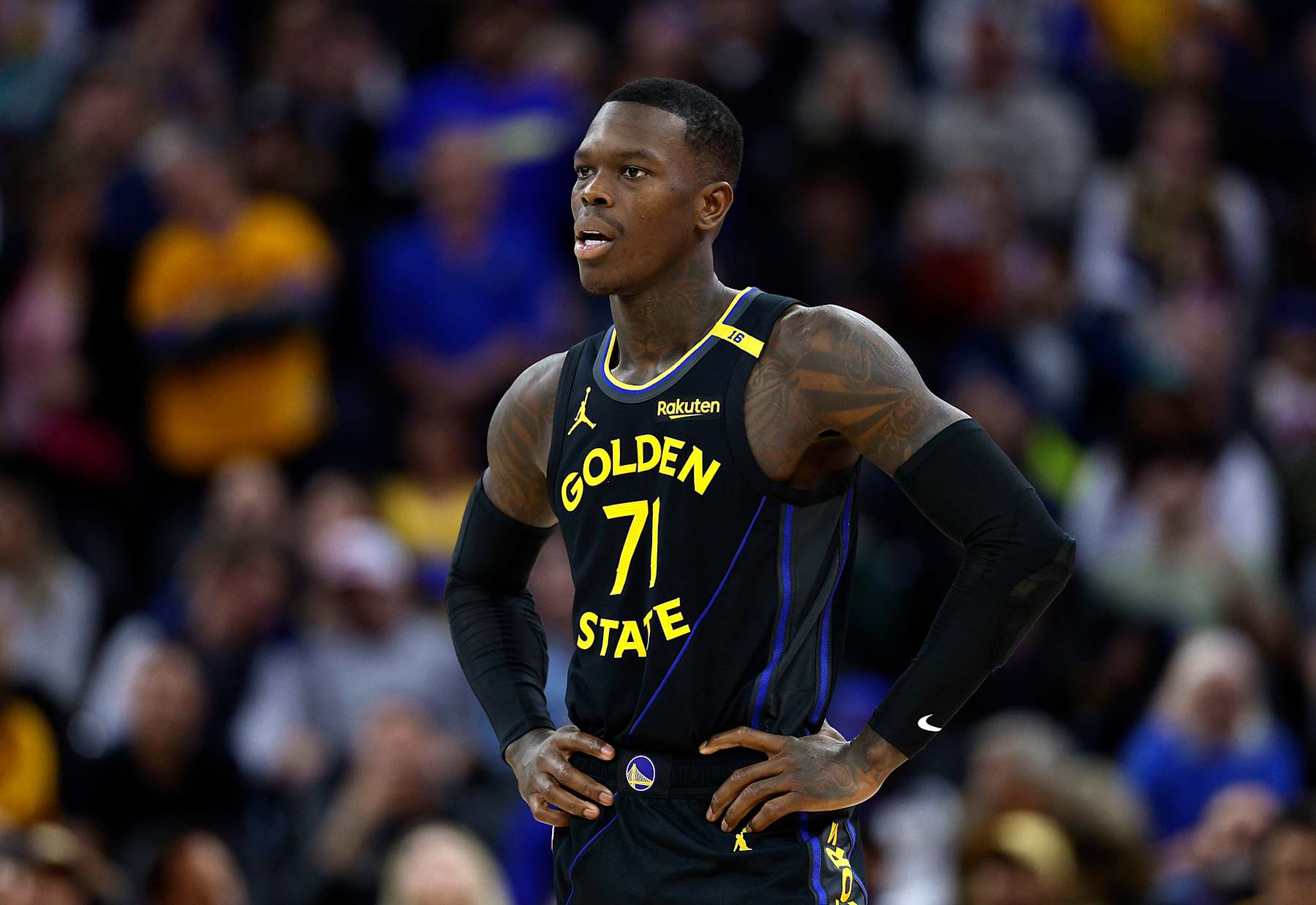 SAN FRANCISCO, CALIFORNIA - FEBRUARY 03: Dennis Schroder #71 of the Golden State Warriors looks on against the Orlando Magic during the second half of an NBA basketball game at Chase Center on February 03, 2025 in San Francisco, California. NOTE TO USER: User expressly acknowledges and agrees that, by downloading and or using this photograph, User is consenting to the terms and conditions of the Getty Images License Agreement.  (Photo by Thearon W. Henderson/Getty Images)