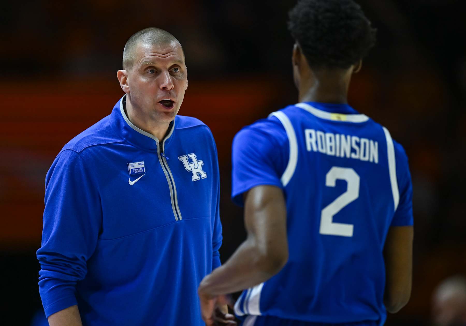 KNOXVILLE, TN - JANUARY 28: Kentucky Wildcats head coach Mark Pope talks to Kentucky Wildcats guard Jaxson Robinson (2) during the college basketball game between the Tennessee Volunteers and the Kentucky Wildcats on January 28, 2025, at Food City Center in Knoxville, TN. (Photo by Bryan Lynn/Icon Sportswire via Getty Images)