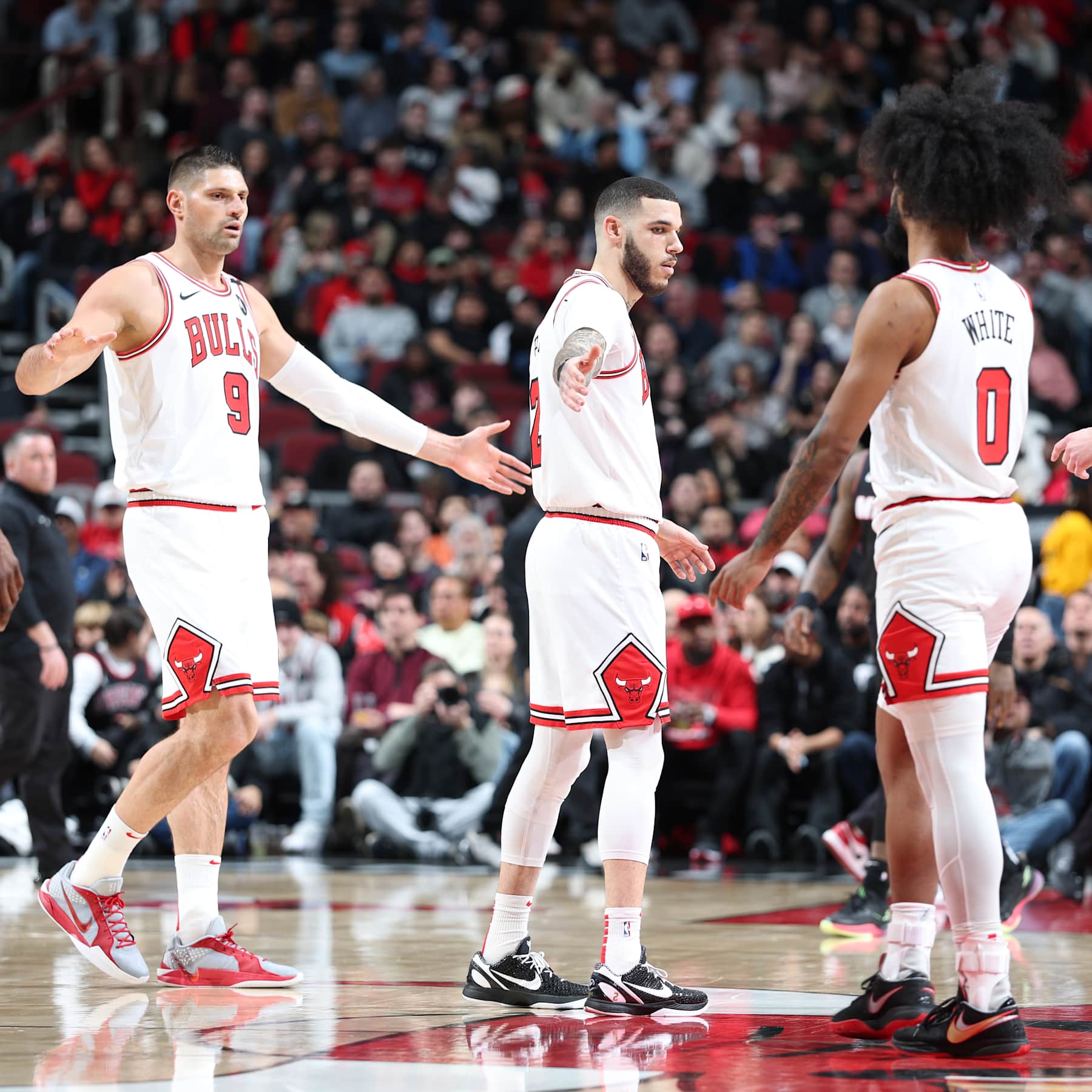 CHICAGO, IL - FEBRUARY 4: Nikola Vucevic #9, Lonzo Ball #2 and Coby White #0 of the Chicago Bulls look on during the game against the Miami Heat on February 4 2025 at United Center in Chicago, Illinois. NOTE TO USER: User expressly acknowledges and agrees that, by downloading and or using this photograph, User is consenting to the terms and conditions of the Getty Images License Agreement. Mandatory Copyright Notice: Copyright 2025 NBAE (Photo by Jeff Haynes/NBAE via Getty Images)