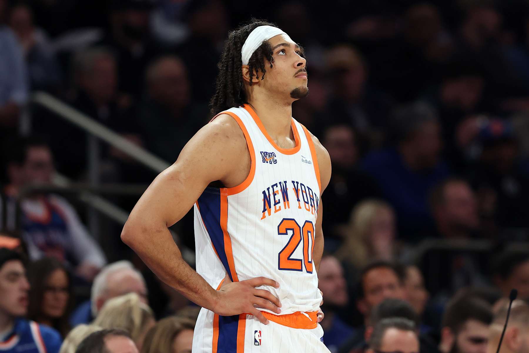 NEW YORK, NEW YORK - JANUARY 17: Jericho Sims #20 of the New York Knicks in action during the game against the Minnesota Timberwolves at Madison Square Garden on January 17, 2025 in New York City. The Timberwolves won 116-99. NOTE TO USER: User expressly acknowledges and agrees that, by downloading and or using this photograph, User is consenting to the terms and conditions of the Getty Images License Agreement. (Photo by Sarah Stier/Getty Images)