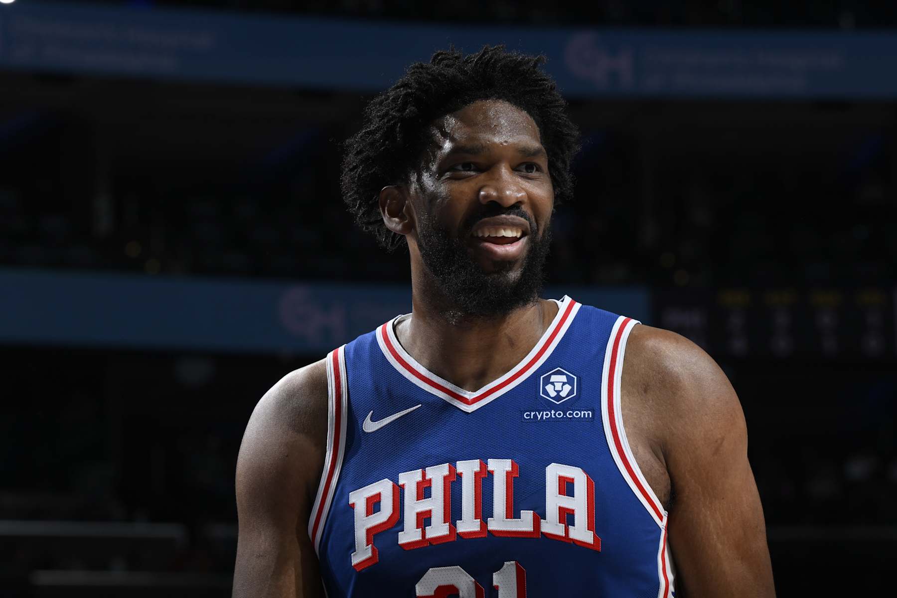 PHILADELPHIA, PA - FEBRUARY 4: Joel Embiid #21 of the Philadelphia 76ers looks on during the game against the Dallas Mavericks on February 4, 2025 at the Wells Fargo Center in Philadelphia, Pennsylvania NOTE TO USER: User expressly acknowledges and agrees that, by downloading and/or using this Photograph, user is consenting to the terms and conditions of the Getty Images License Agreement. Mandatory Copyright Notice: Copyright 2025 NBAE (Photo by David Dowt/NBAE via Getty Images)