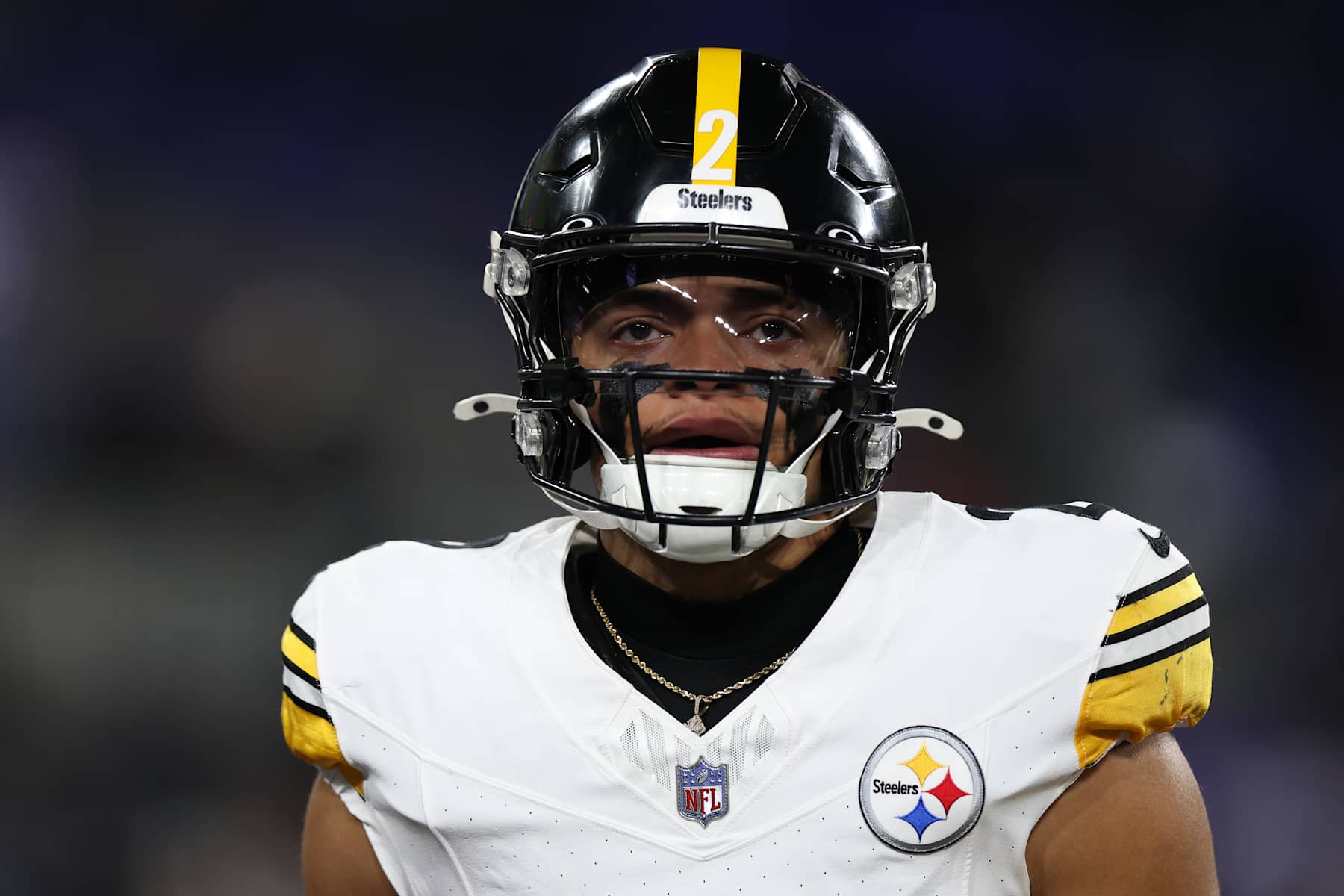 BALTIMORE, MARYLAND - JANUARY 11: Justin Fields #2 of the Pittsburgh Steelers warms up prior to the game against the Baltimore Ravens during the AFC Wild Card Playoff at M&T Bank Stadium on January 11, 2025 in Baltimore, Maryland. (Photo by Scott Taetsch/Getty Images)