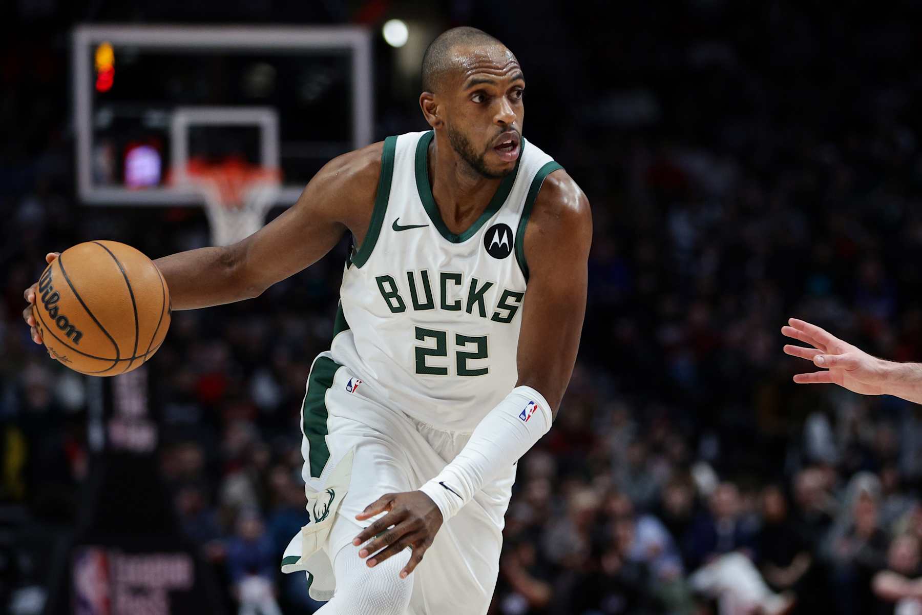 PORTLAND, OREGON - JANUARY 28: Khris Middleton #22 of the Milwaukee Bucks dribbles against the Portland Trail Blazers during the fourth quarter at Moda Center on January 28, 2025 in Portland, Oregon. NOTE TO USER: User expressly acknowledges and agrees that, by downloading and or using this photograph, User is consenting to the terms and conditions of the Getty Images License Agreement. (Photo by Rio Giancarlo/Getty Images)