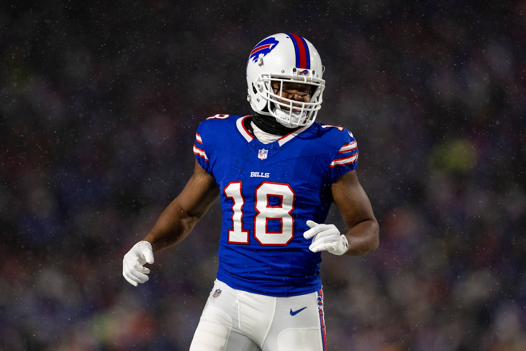 ORCHARD PARK, NEW YORK - JANUARY 19: Amari Cooper #18 of the Buffalo Bills runs during an NFL Football game against the Baltimore Ravens at Highmark Stadium on January 19, 2025 in Orchard Park, New York. (Photo by Michael Owens/Getty Images)