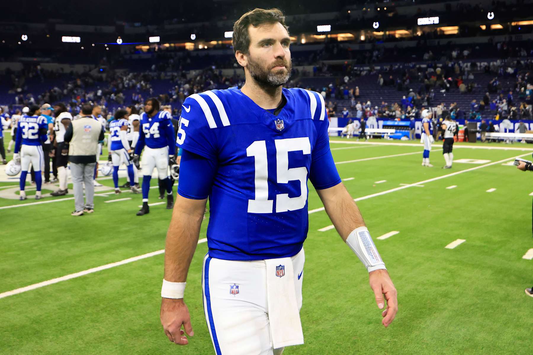 INDIANAPOLIS, INDIANA - JANUARY 05: Joe Flacco #15 of the Indianapolis Colts walks off the field after beating the Jacksonville Jaguars 26-23 in overtime at Lucas Oil Stadium on January 05, 2025 in Indianapolis, Indiana. (Photo by Justin Casterline/Getty Images)