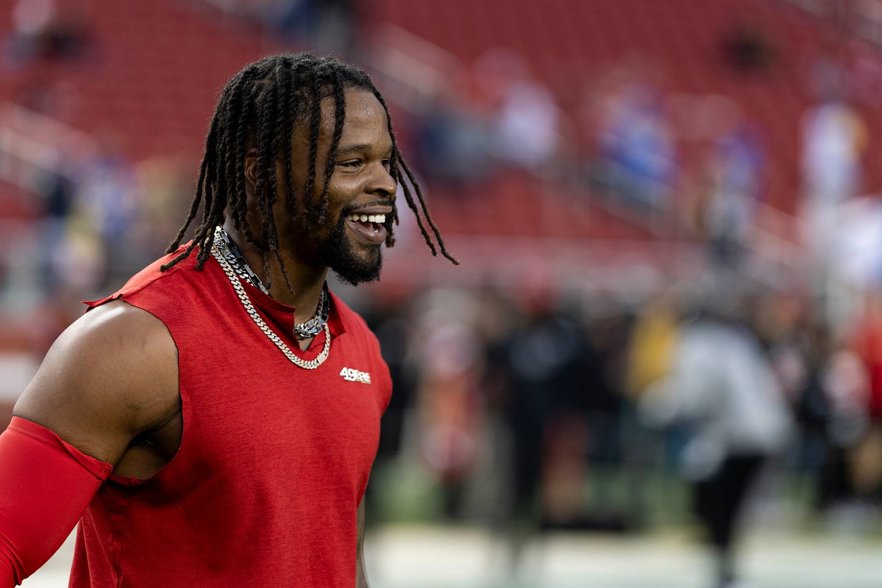SANTA CLARA, CALIFORNIA - DECEMBER 12: Dre Greenlaw #57 of the San Francisco 49ers reacts prior to an NFL Football game against the Los Angeles Rams at Levi's Stadium on December 12, 2024 in Santa Clara, California. (Photo by Michael Owens/Getty Images)