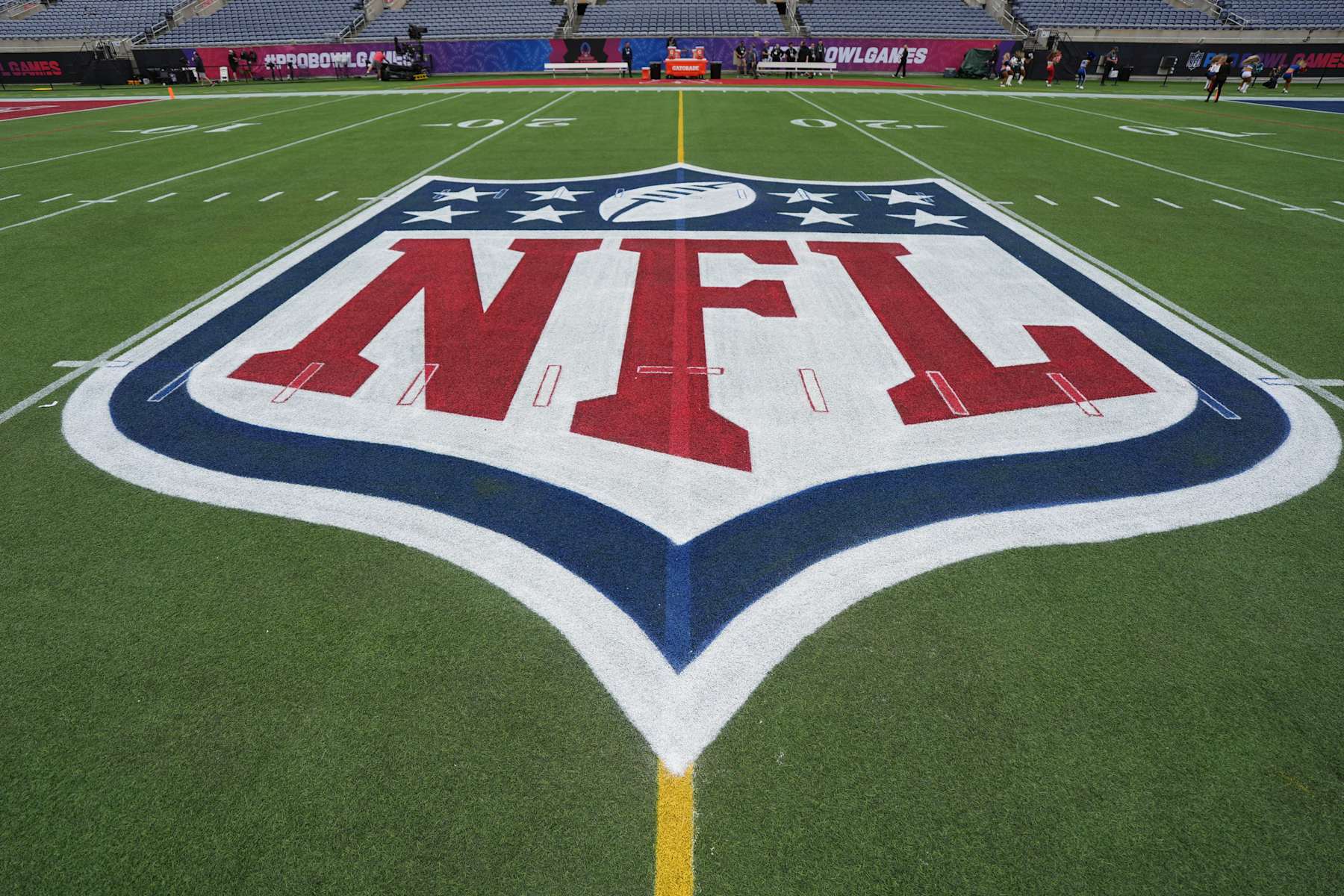 ORLANDO, FLORIDA - FEBRUARY 02: A detail of the NFL logo prior to the 2025 NFL Pro Bowl Games at Camping World Stadium on February 02, 2025 in Orlando, Florida. (Photo by Perry Knotts/Getty Images)