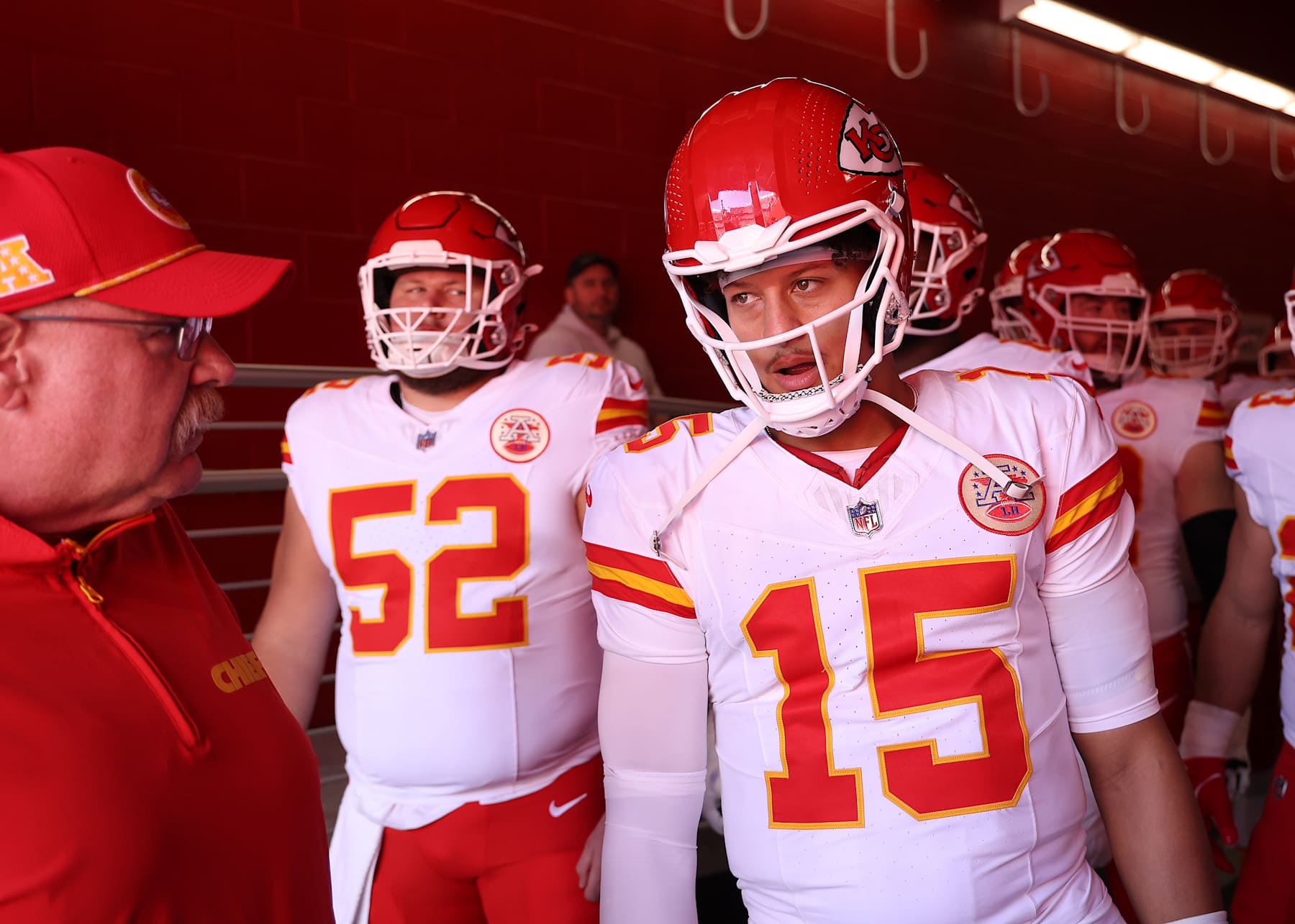 SANTA CLARA, CALIFORNIA - OCTOBER 20: Head coach Andy Reid and Patrick Mahomes #15 of the Kansas City Chiefs talk prior to a game against the San Francisco 49ers at Levi's Stadium on October 20, 2024 in Santa Clara, California. (Photo by Ezra Shaw/Getty Images)