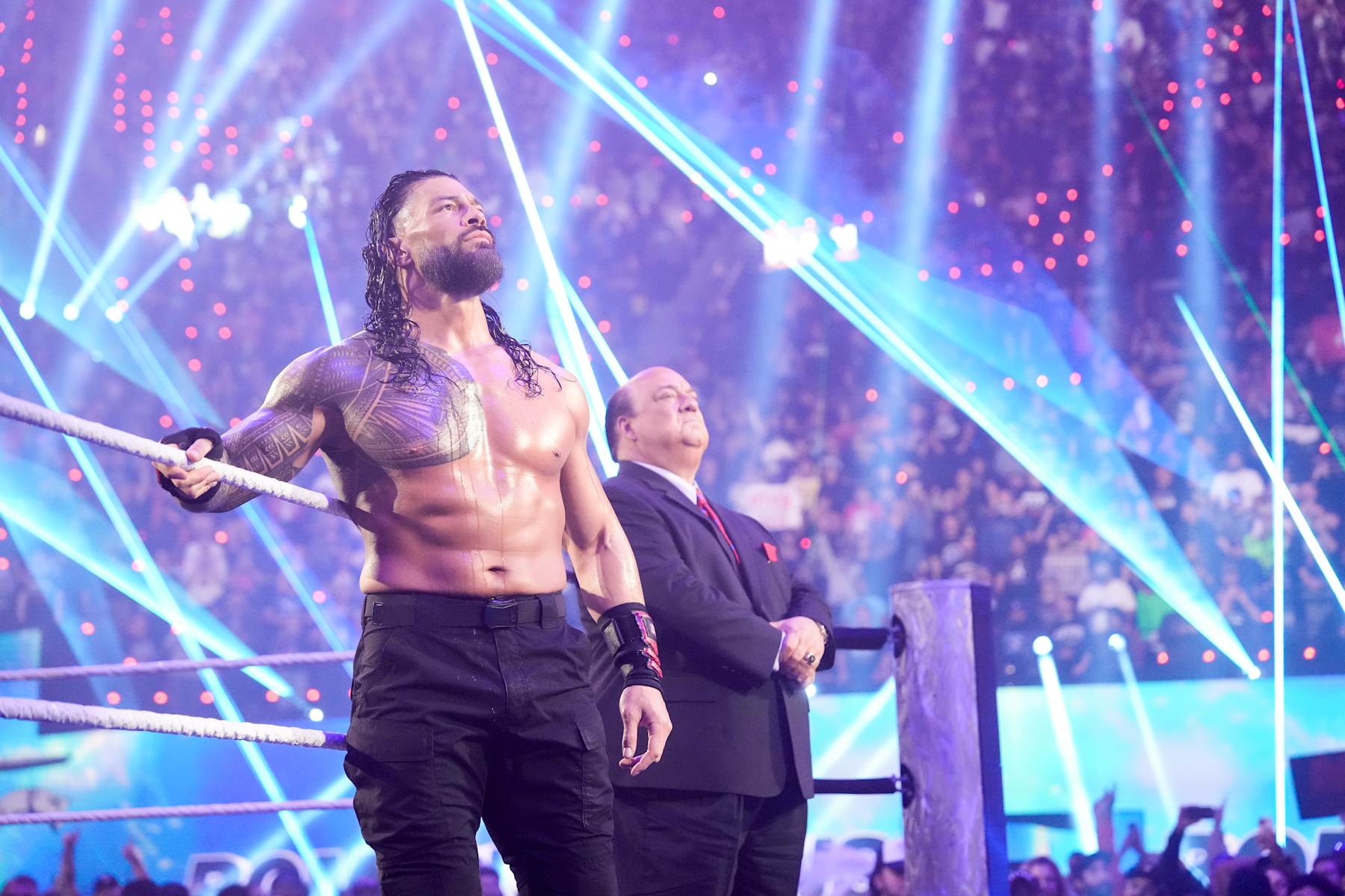 INGLEWOOD, CALIFORNIA - JANUARY 06: Roman Reigns and Paul Heyman enter the ring during Monday Night RAW at Intuit Dome on January 6, 2025 in Inglewood, California. (Photo by WWE/Getty Images)