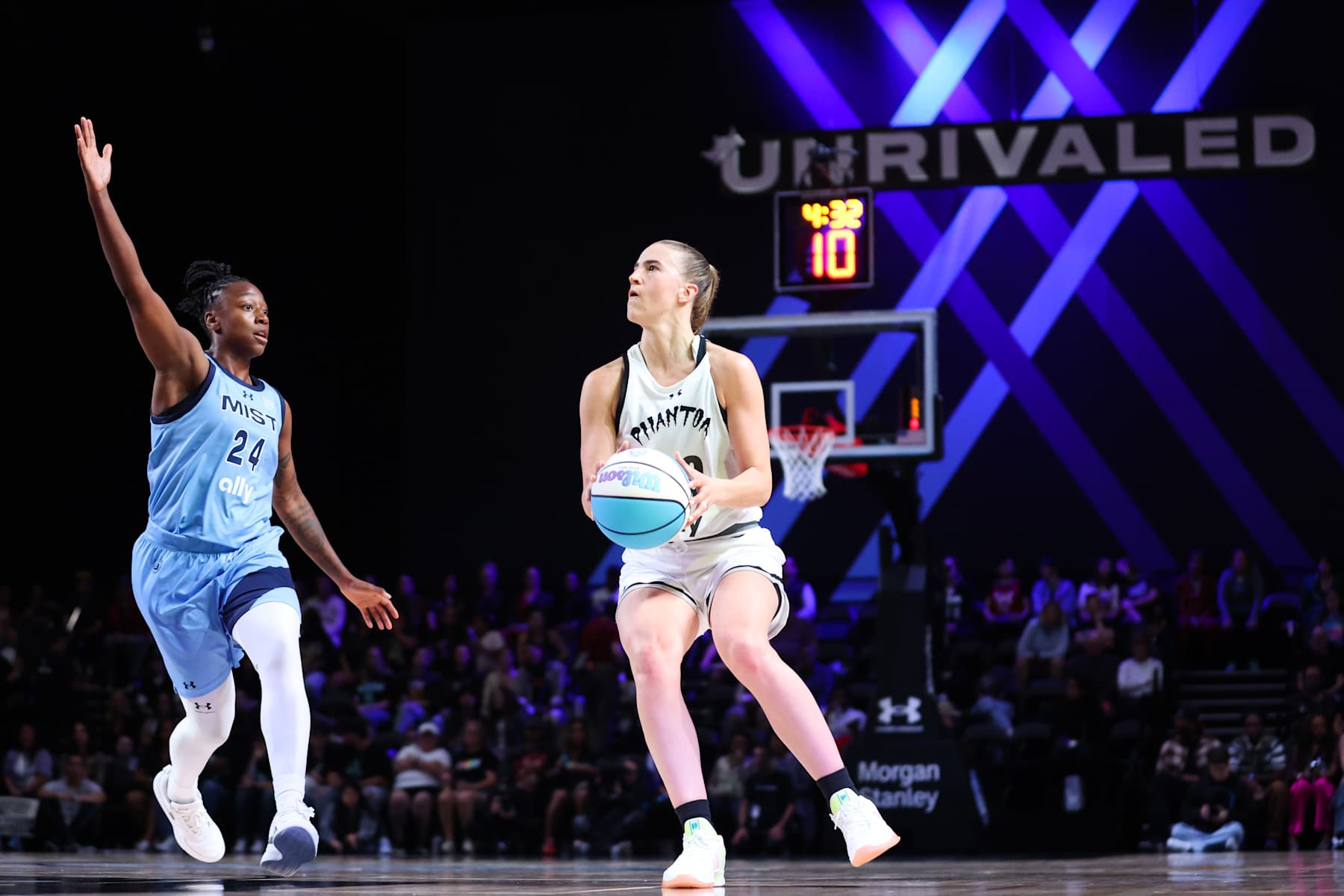 MEDLEY, FLORIDA - FEBRUARY 03: Sabrina Ionescu #20 of Phantom dribbles the ball against Jewell Loyd #24 of the Mist during the third quarter of the game at Wayfair Arena on February 03, 2025 in Medley, Florida. (Photo by Megan Briggs/Getty Images)