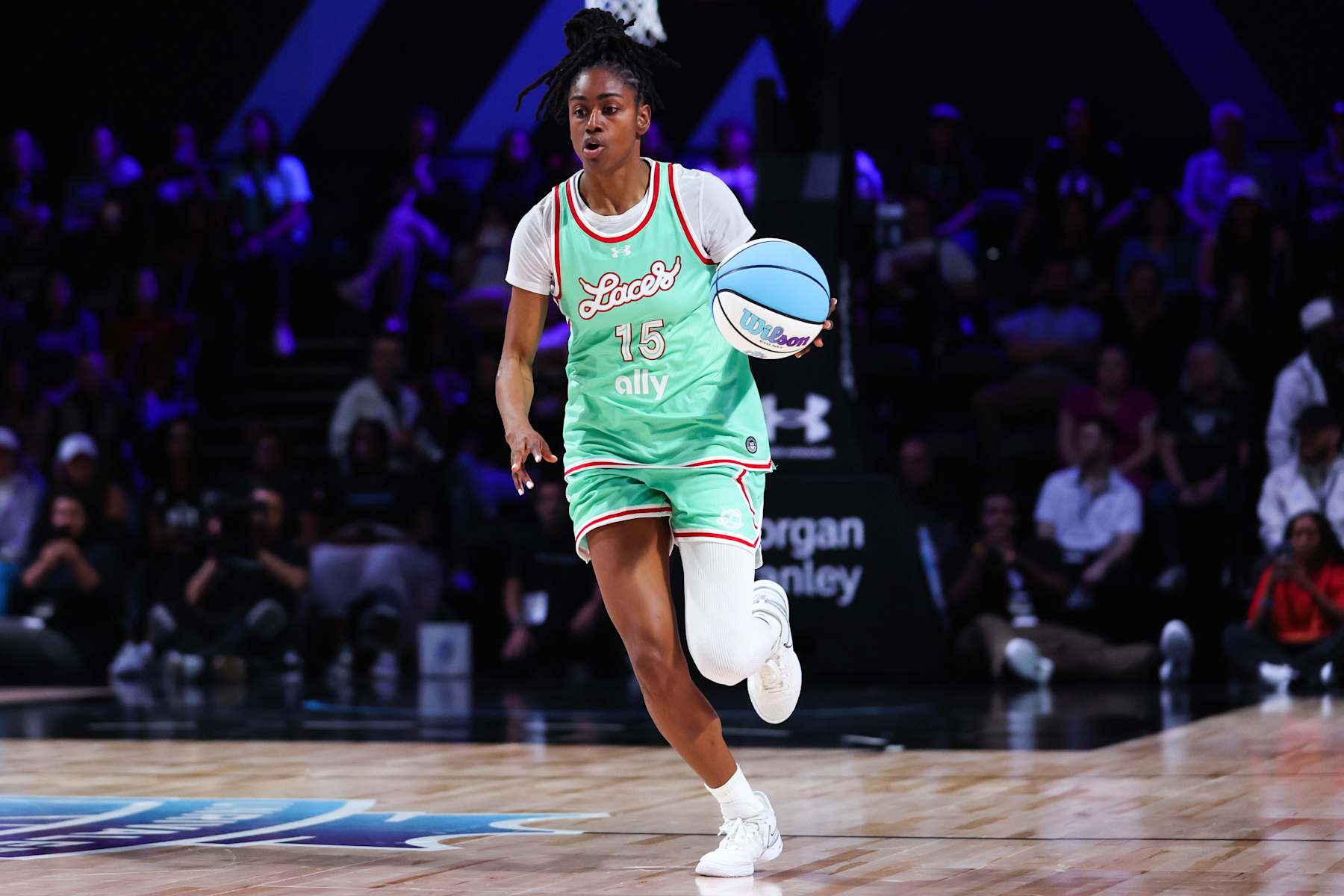MEDLEY, FLORIDA - JANUARY 31: Tiffany Hayes #15 of the Laces dribbles the ball against the Lunar Owls during the first quarter of the game at Wayfair Arena on January 31, 2025 in Medley, Florida. (Photo by Megan Briggs/Getty Images)