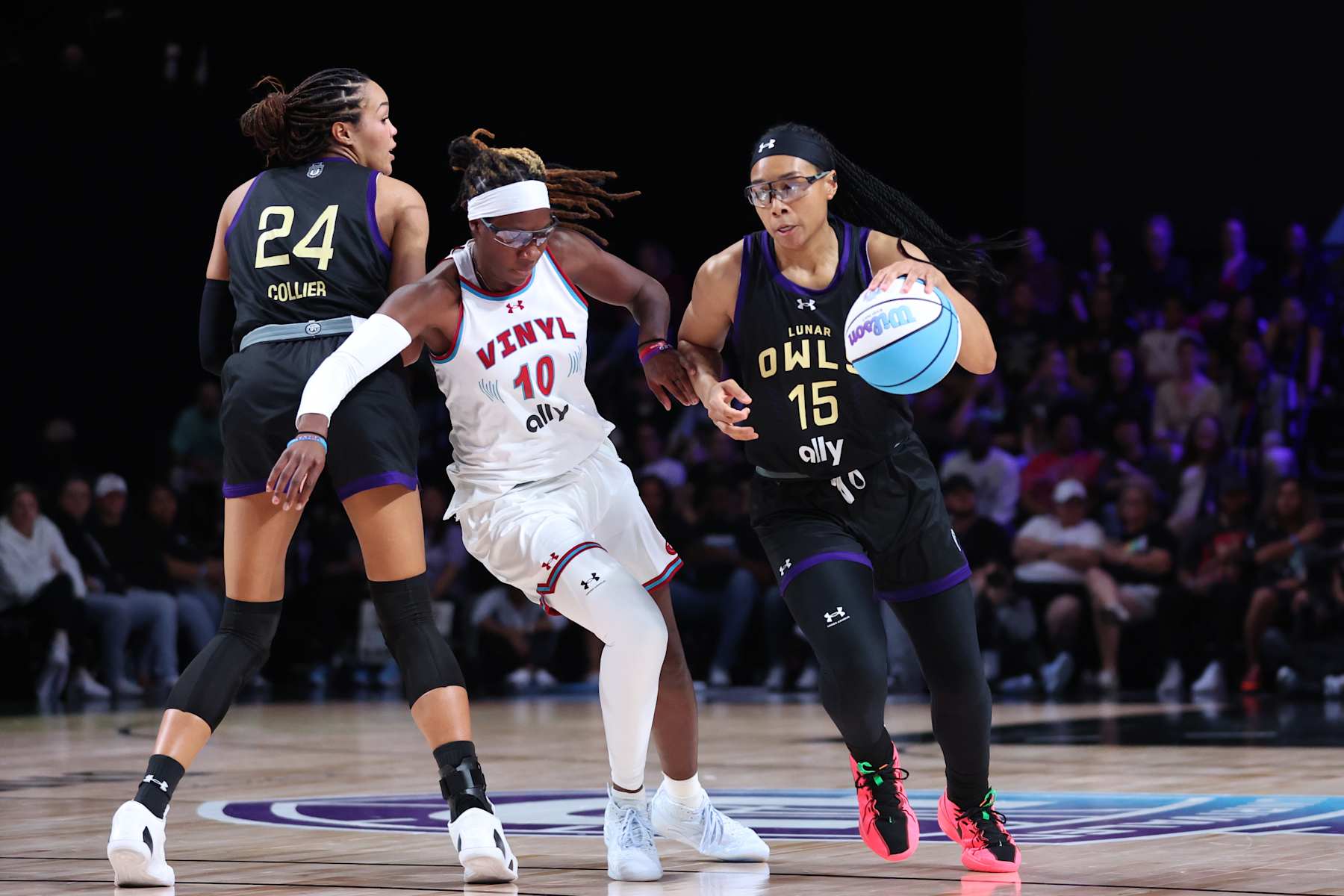 MEDLEY, FLORIDA - FEBRUARY 03: Allisha Gray #15 of the Lunar Owls drives against Rhyne Howard #10 of the Vinyl during the second quarter at Wayfair Arena on February 03, 2025 in Medley, Florida. (Photo by Megan Briggs/Getty Images)