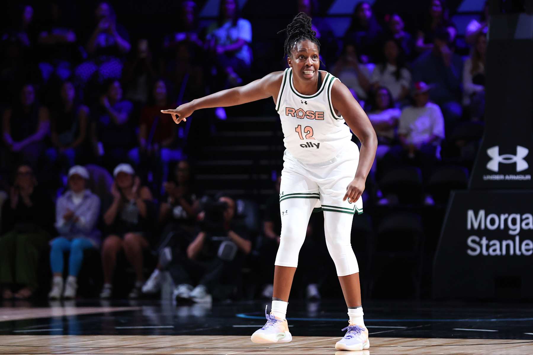 MEDLEY, FLORIDA - JANUARY 31: Chelsea Gray #12 of Rose reacts during the third quarter of the game against the Phantom at Wayfair Arena on January 31, 2025 in Medley, Florida. (Photo by Megan Briggs/Getty Images)