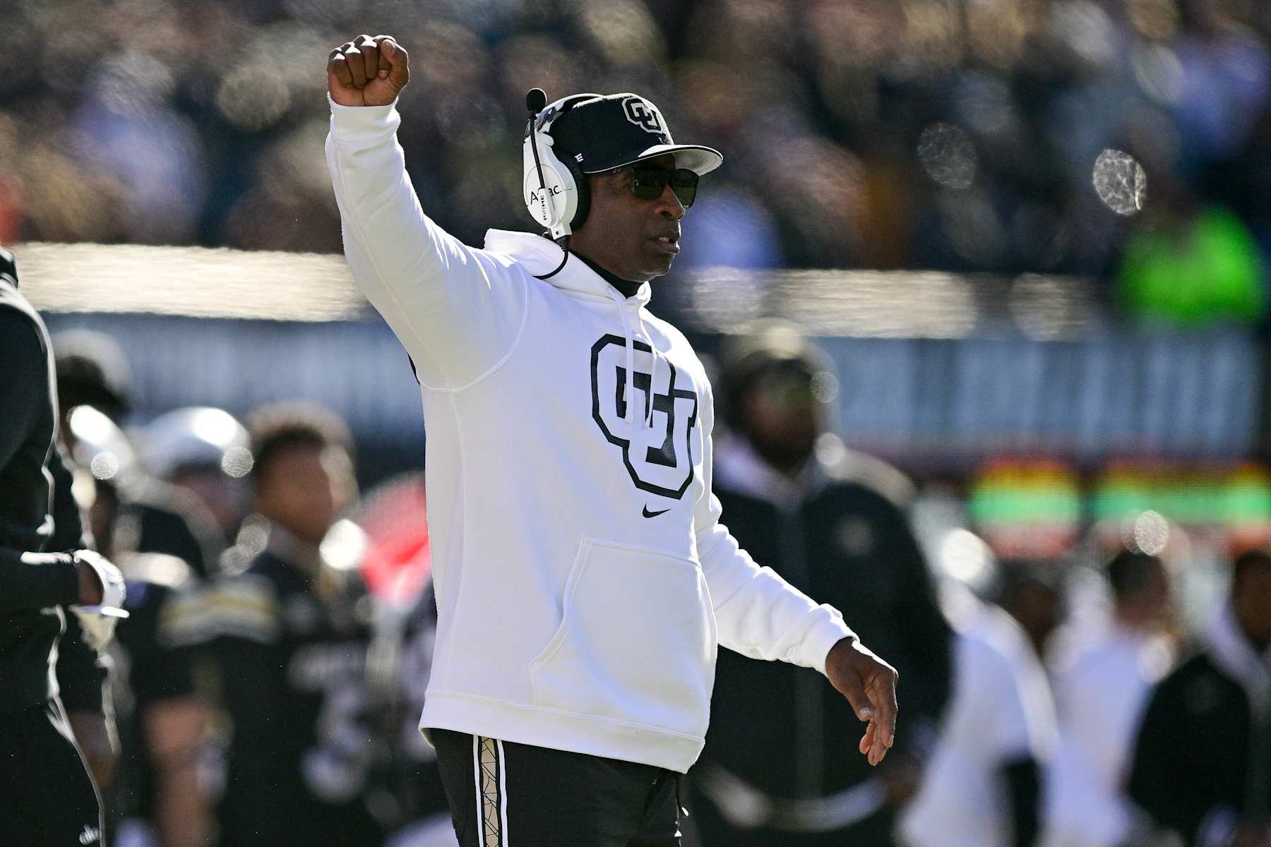 BOULDER, CO - NOVEMBER 29:  Head coach Deion Sanders of the Colorado Buffaloes looks on during a game against the Oklahoma State Cowboys at Folsom Field on November 29, 2024 in Boulder, Colorado. (Photo by Dustin Bradford/Getty Images)