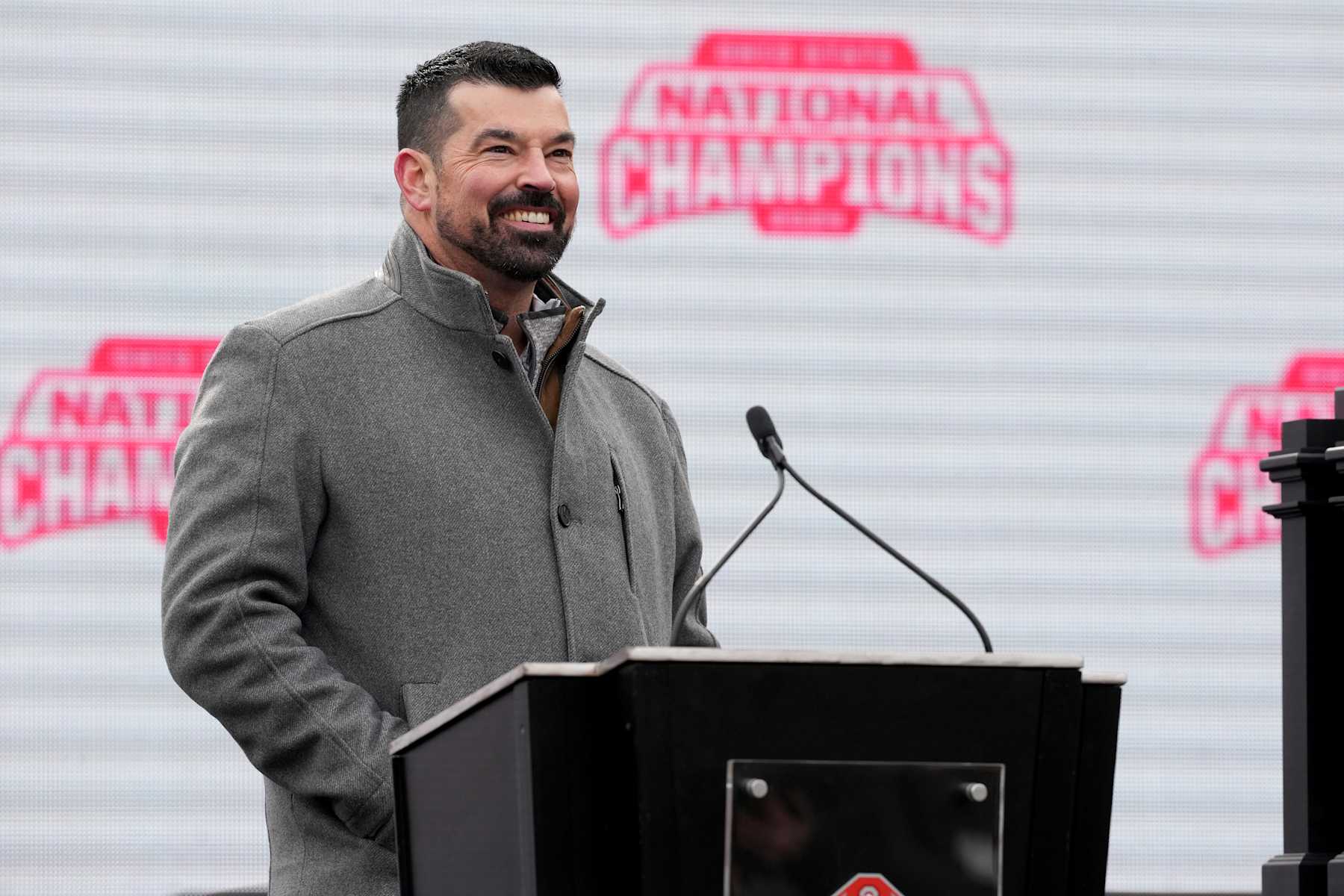 COLUMBUS, OHIO - JANUARY 26: Head coach Ryan Day of the Ohio State Buckeyes delivers remarks during the NCAA Football Championship celebration at Ohio Stadium on January 26, 2025 in Columbus, Ohio. (Photo by Jason Mowry/Getty Images)