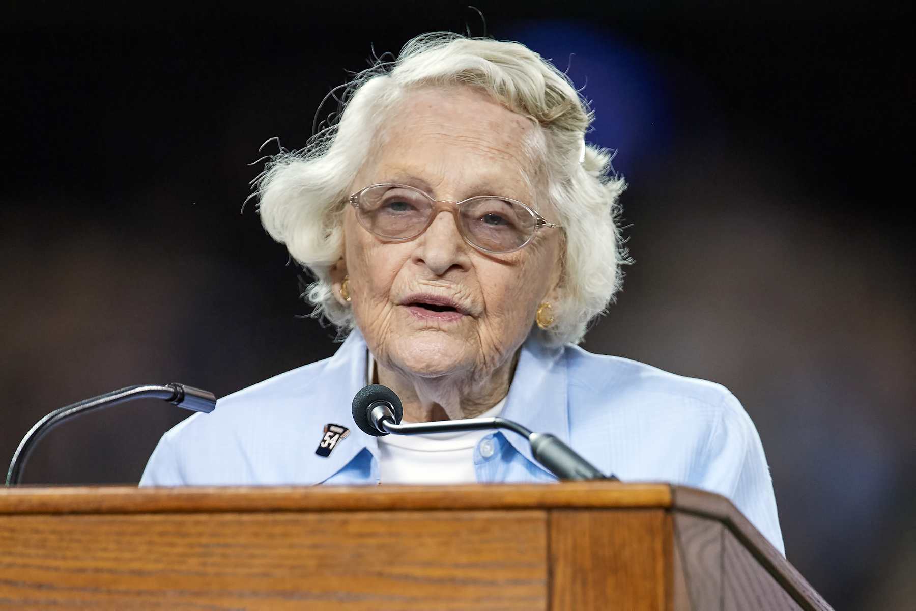 CHICAGO, IL - SEPTEMBER 17: Virginia McCaskey speaks at the Ring of Excellence ceremony for Brian Urlacher's recent induction into the Hall of Fame in game action during an NFL game between the Chicago Bears and the Seattle Seahawks on September 17, 2018 at Soldier Field in Chicago, Illinois. (Photo by Robin Alam/Icon Sportswire via Getty Images)