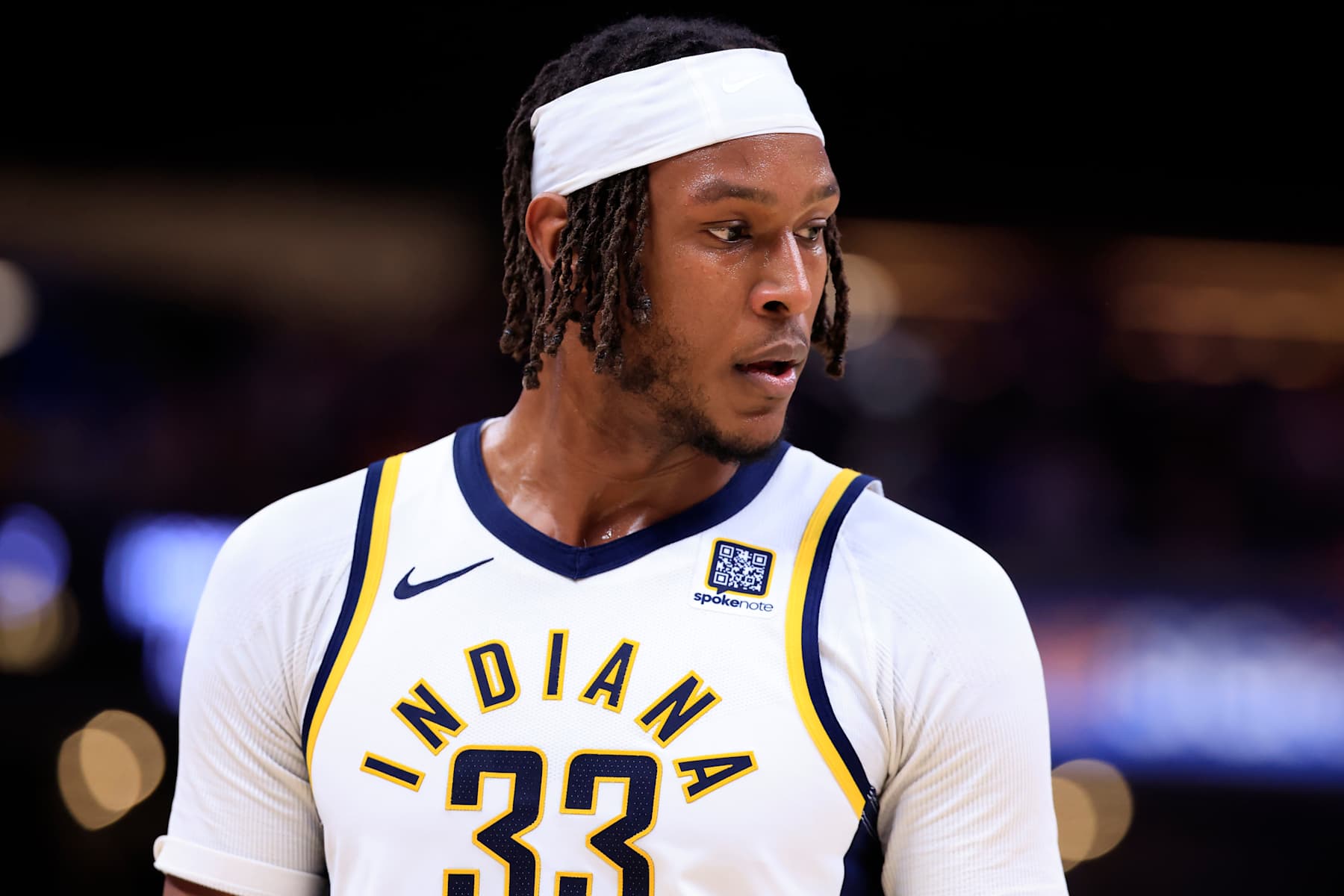 INDIANAPOLIS, INDIANA - FEBRUARY 01: Myles Turner #33 of the Indiana Pacers looks on against the Atlanta Hawks at Gainbridge Fieldhouse on February 01, 2025 in Indianapolis, Indiana. NOTE TO USER: User expressly acknowledges and agrees that, by downloading and or using this photograph, User is consenting to the terms and conditions of the Getty Images License Agreement. (Photo by Justin Casterline/Getty Images)