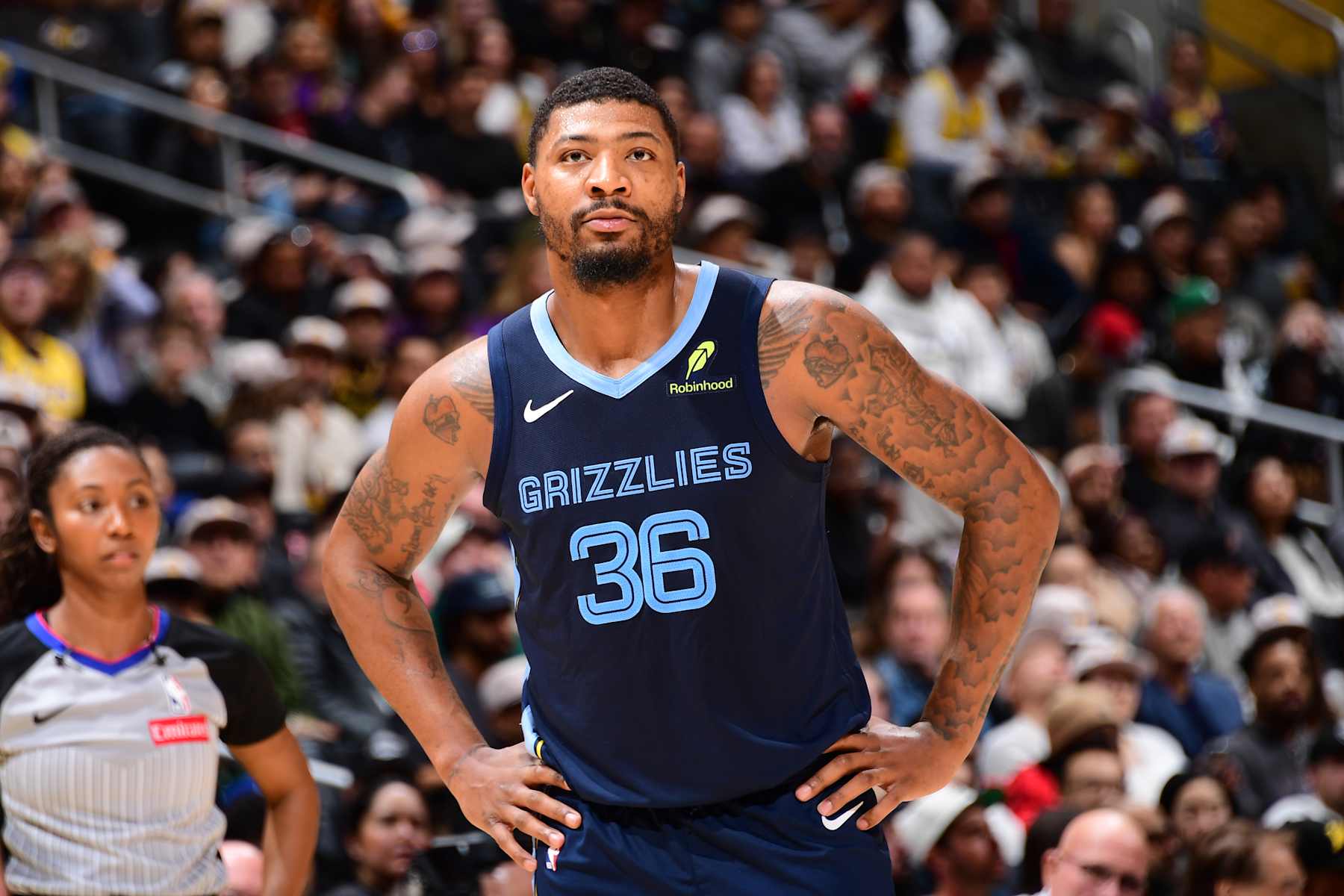 LOS ANGELES, CA - DECEMBER 15: Marcus Smart #36 of the Memphis Grizzlies looks on during the game against the Los Angeles Lakers on December 15, 2024 at Crypto.Com Arena in Los Angeles, California. NOTE TO USER: User expressly acknowledges and agrees that, by downloading and/or using this Photograph, user is consenting to the terms and conditions of the Getty Images License Agreement. Mandatory Copyright Notice: Copyright 2024 NBAE (Photo by Adam Pantozzi/NBAE via Getty Images)