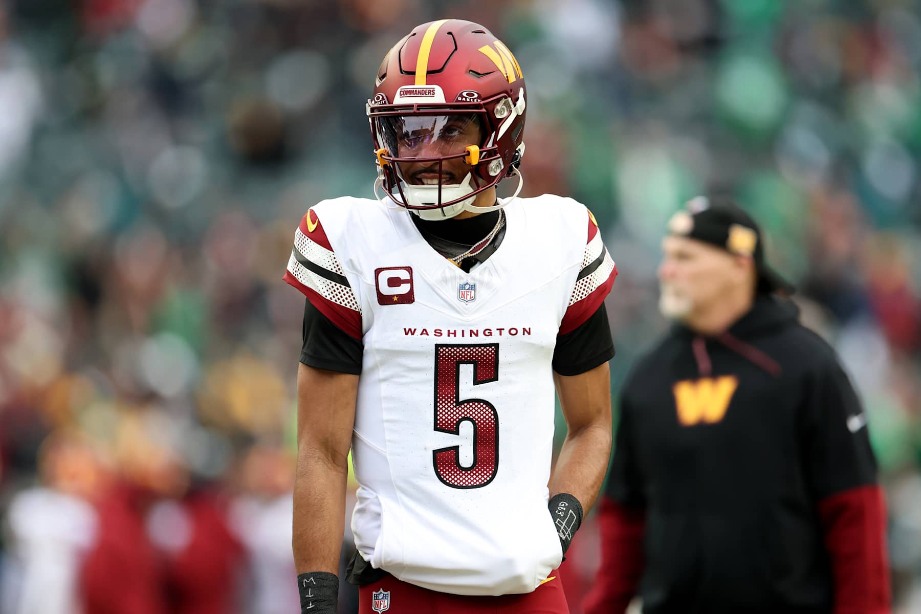 PHILADELPHIA, PENNSYLVANIA - JANUARY 26: Jayden Daniels #5 of the Washington Commanders looks on prior to the NFC Championship Game against the Philadelphia Eagles at Lincoln Financial Field on January 26, 2025 in Philadelphia, Pennsylvania.  (Photo by Emilee Chinn/Getty Images)