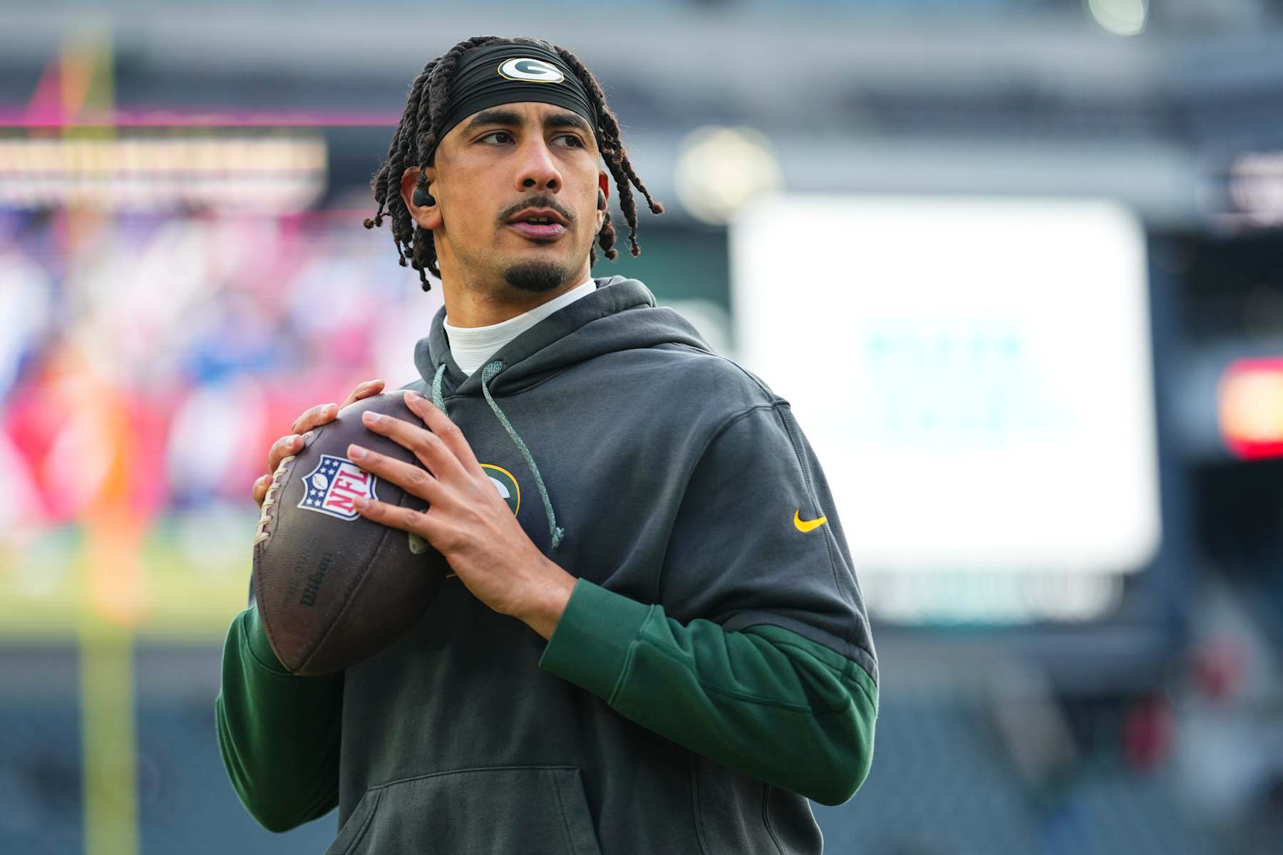 PHILADELPHIA, PA - JANUARY 12: Jordan Love #10 of the Green Bay Packers warms up prior to an NFL football wild card playoff game against the Philadelphia Eagles at Lincoln Financial Field on January 12, 2025 in Philadelphia, Pennsylvania. (Photo by Cooper Neill/Getty Images)
