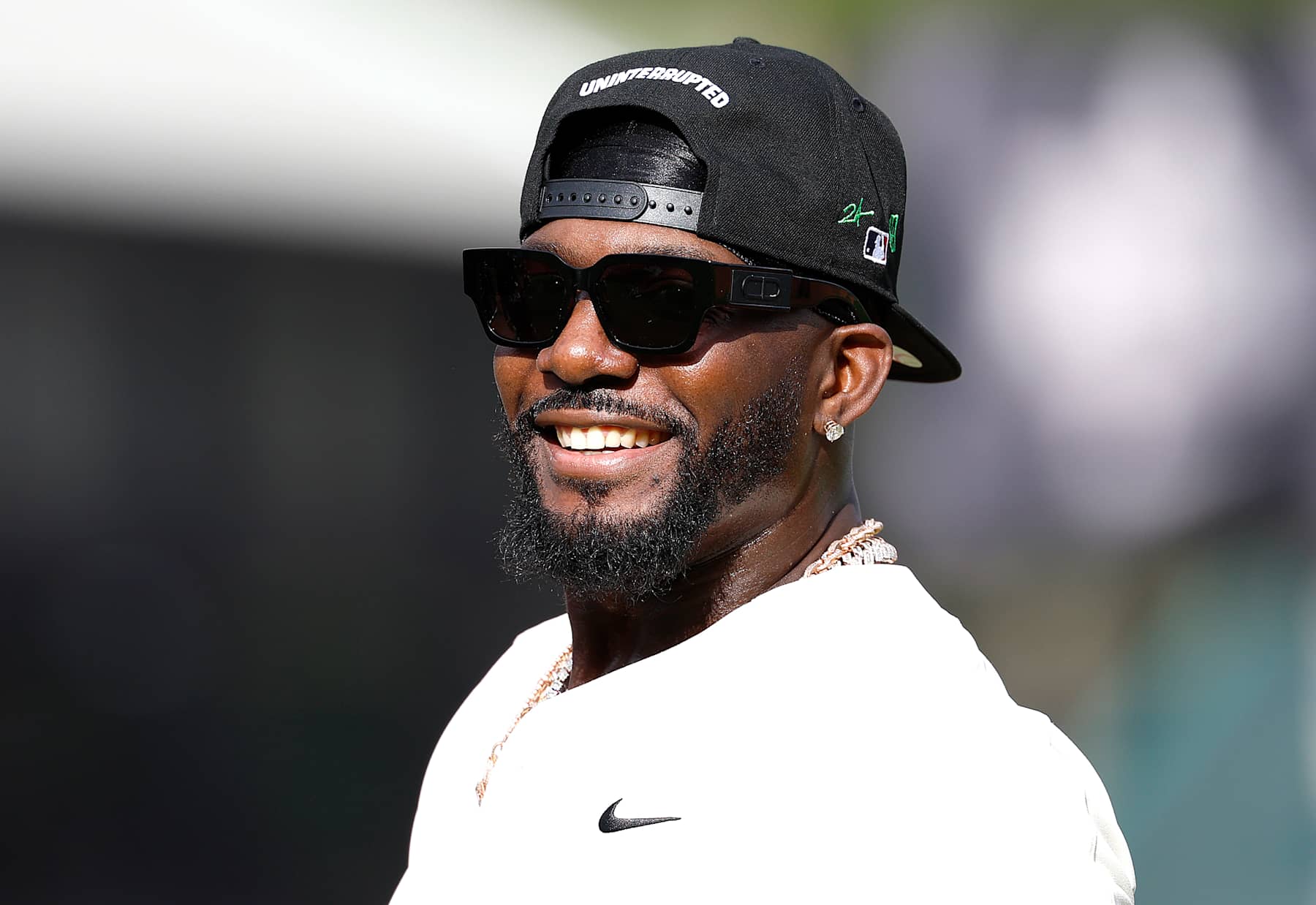 BIRMINGHAM, ALABAMA - JUNE 19: Dez Bryant looks on during batting practice at the Barnstorm Birmingham Celebrity Softball Game between the Say Heys and the Hammers at Rickwood Field on June 19, 2024 in Birmingham, Alabama. (Photo by Thearon W. Henderson/Getty Images)