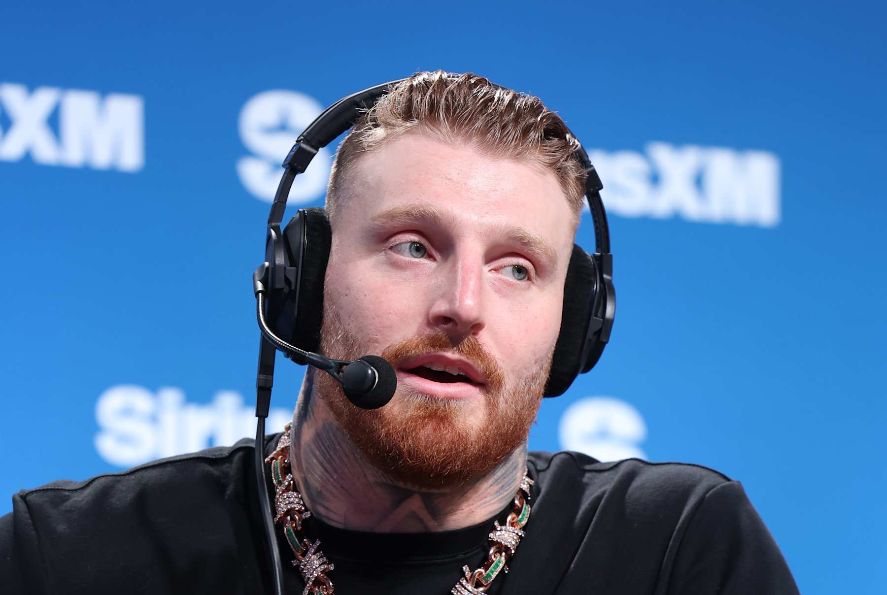 NEW ORLEANS, LOUISIANA - FEBRUARY 06: Maxx Crosby speaks on SiriusXM at Super Bowl LIX on February 06, 2025 in New Orleans, Louisiana. (Photo by Cindy Ord/Getty Images for SiriusXM)