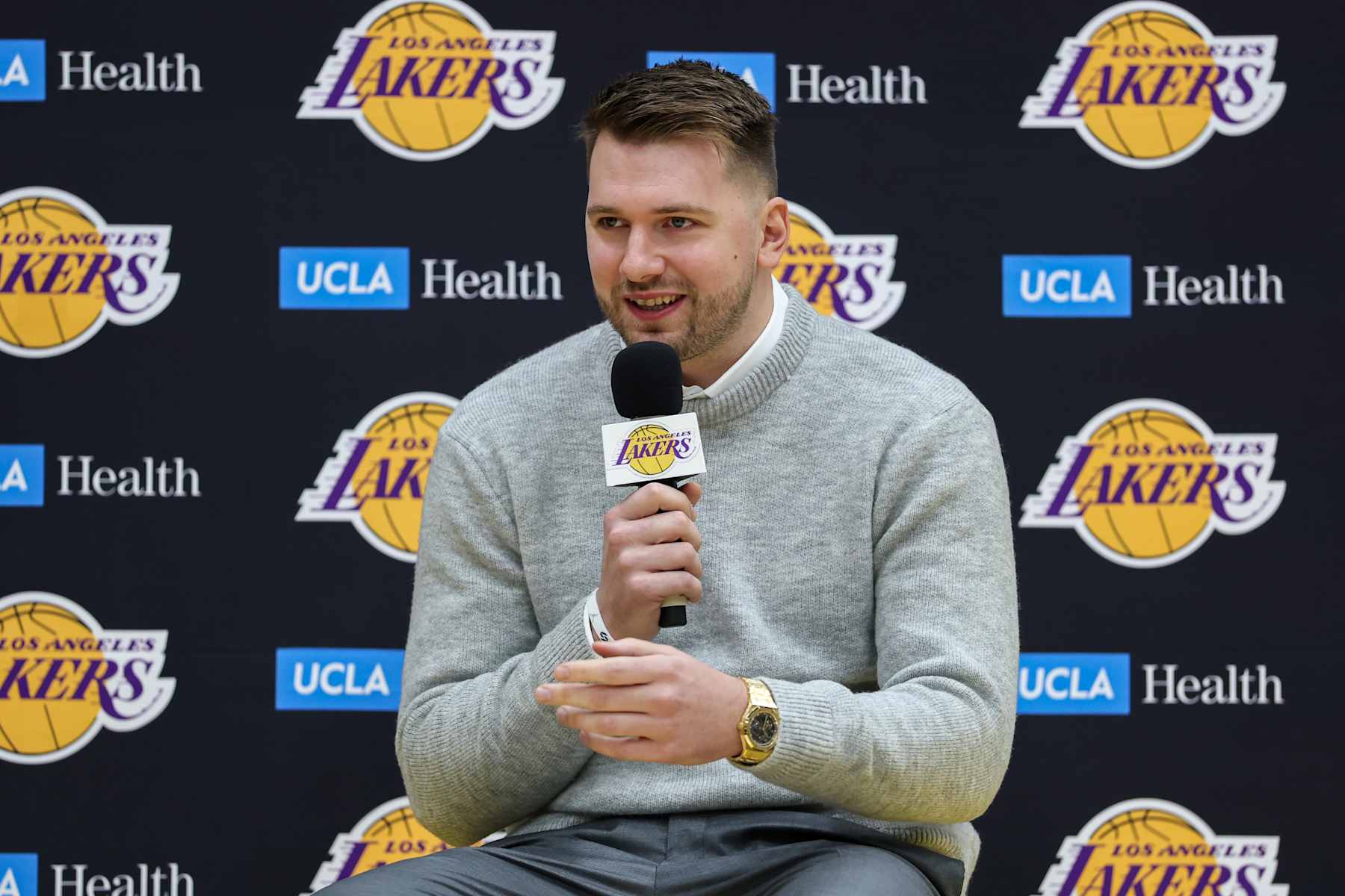 EL SEGUNDO, CALIFORNIA - FEBRUARY 04: Luka Doncic, formerly of the Dallas Mavericks, speaks at a press conference introducing him as a new member of the Los Angeles Lakers at UCLA Health Training Center on February 04, 2025 in El Segundo, California. (Photo by Harry How/Getty Images)