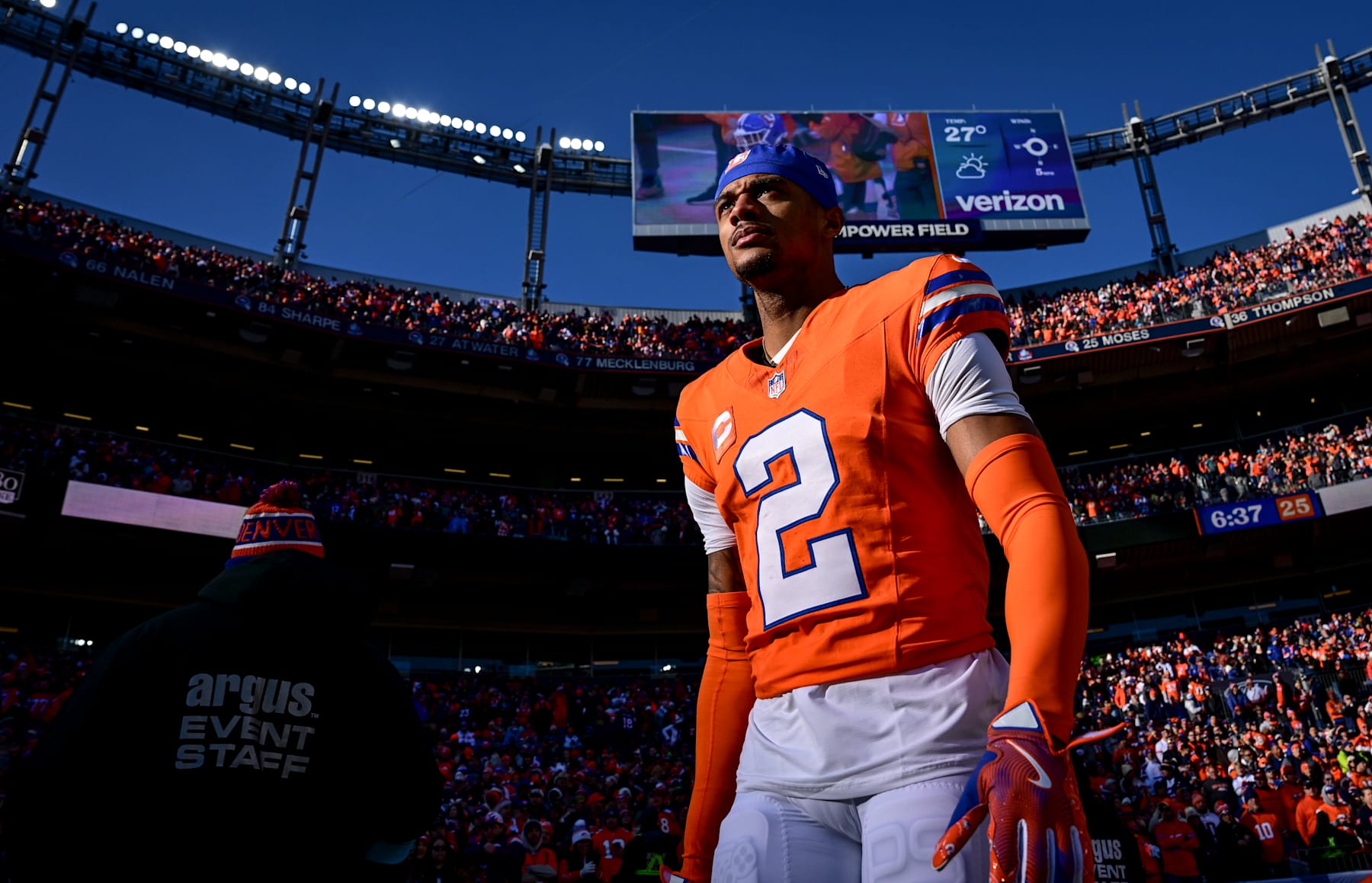 DENVER, CO - JANUARY 5: Pat Surtain II (2) of the Denver Broncos walks on the field before the first quarter against the Kansas City Chiefs at Empower Field at Mile High on Sunday, January 5, 2025. (Photo by AAron Ontiveroz/The Denver Post)