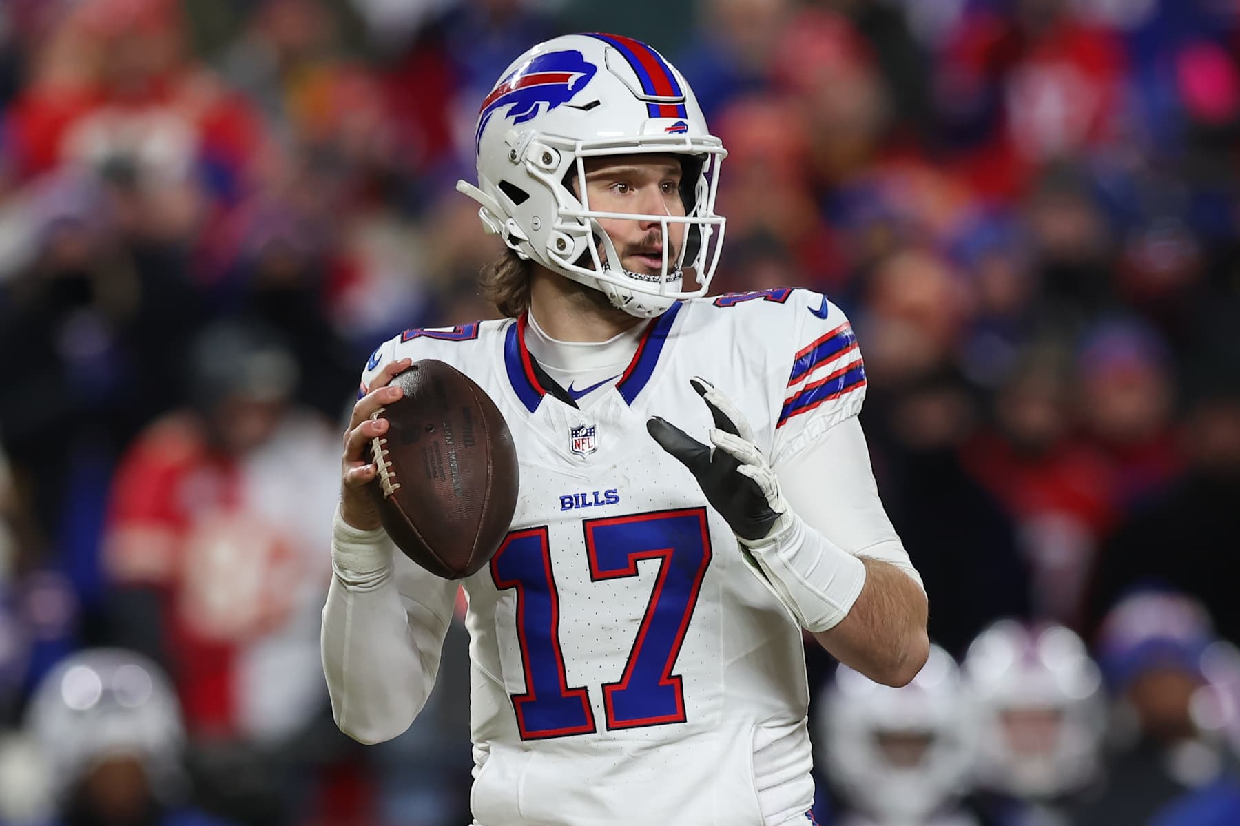 KANSAS CITY, MO - JANUARY 26: Buffalo Bills quarterback Josh Allen (17) looks to pass in the second quarter of the AFC Championship game between the Buffalo Bills and Kansas City Chiefs on January 26, 2025 at GEHA Field at Arrowhead Stadium in Kansas City, MO. (Photo by Scott Winters/Icon Sportswire via Getty Images)