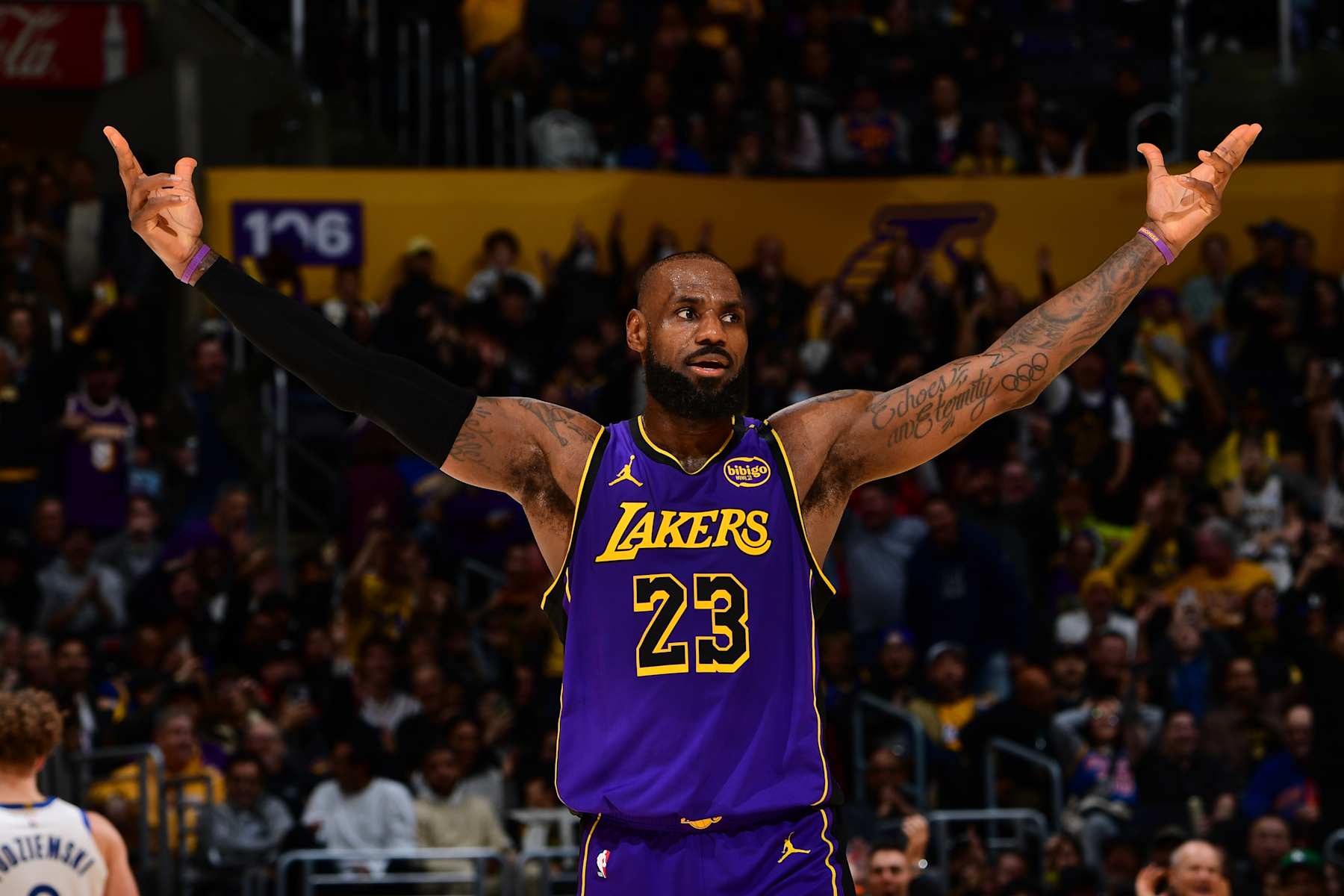 LOS ANGELES, CA - FEBRUARY 6: LeBron James #23 of the Los Angeles Lakers looks on during the game against the Golden State Warriors on February 6, 2025 at Crypto.Com Arena in Los Angeles, California. NOTE TO USER: User expressly acknowledges and agrees that, by downloading and/or using this Photograph, user is consenting to the terms and conditions of the Getty Images License Agreement. Mandatory Copyright Notice: Copyright 2025 NBAE (Photo by Adam Pantozzi/NBAE via Getty Images)