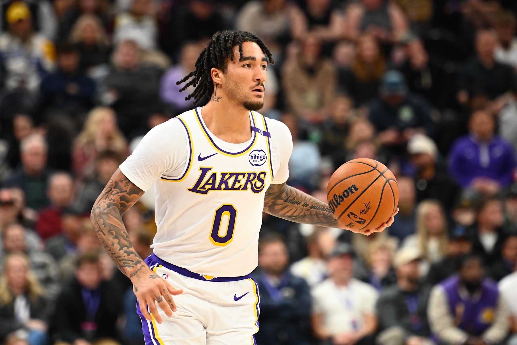 SALT LAKE CITY, UTAH - DECEMBER 01: Jalen Hood-Schifino #0 of the Los Angeles Lakers in action during the first half of a game against the Utah Jazzat Delta Center on December 01, 2024 in Salt Lake City, Utah. NOTE TO USER: User expressly acknowledges and agrees that, by downloading and or using this photograph, User is consenting to the terms and conditions of the Getty Images License Agreement. (Photo by Alex Goodlett/Getty Images)