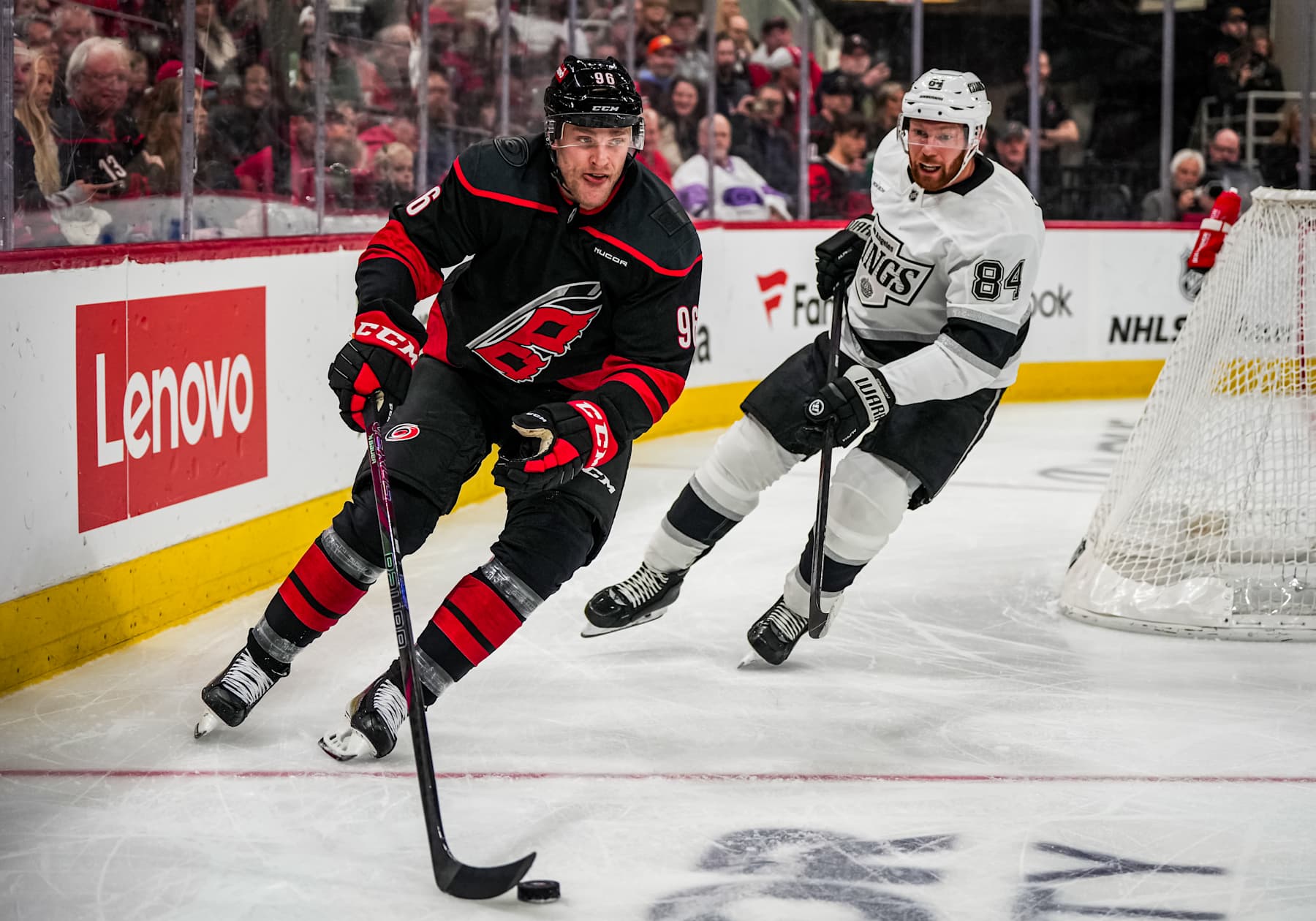 RALEIGH, NORTH CAROLINA - FEBRUARY 01: Mikko Rantanen #96 of the Carolina Hurricanes skates during the first period against the Los Angeles Kings at Lenovo Center on February 01, 2025 in Raleigh, North Carolina. (Photo by Josh Lavallee/NHLI via Getty Images)