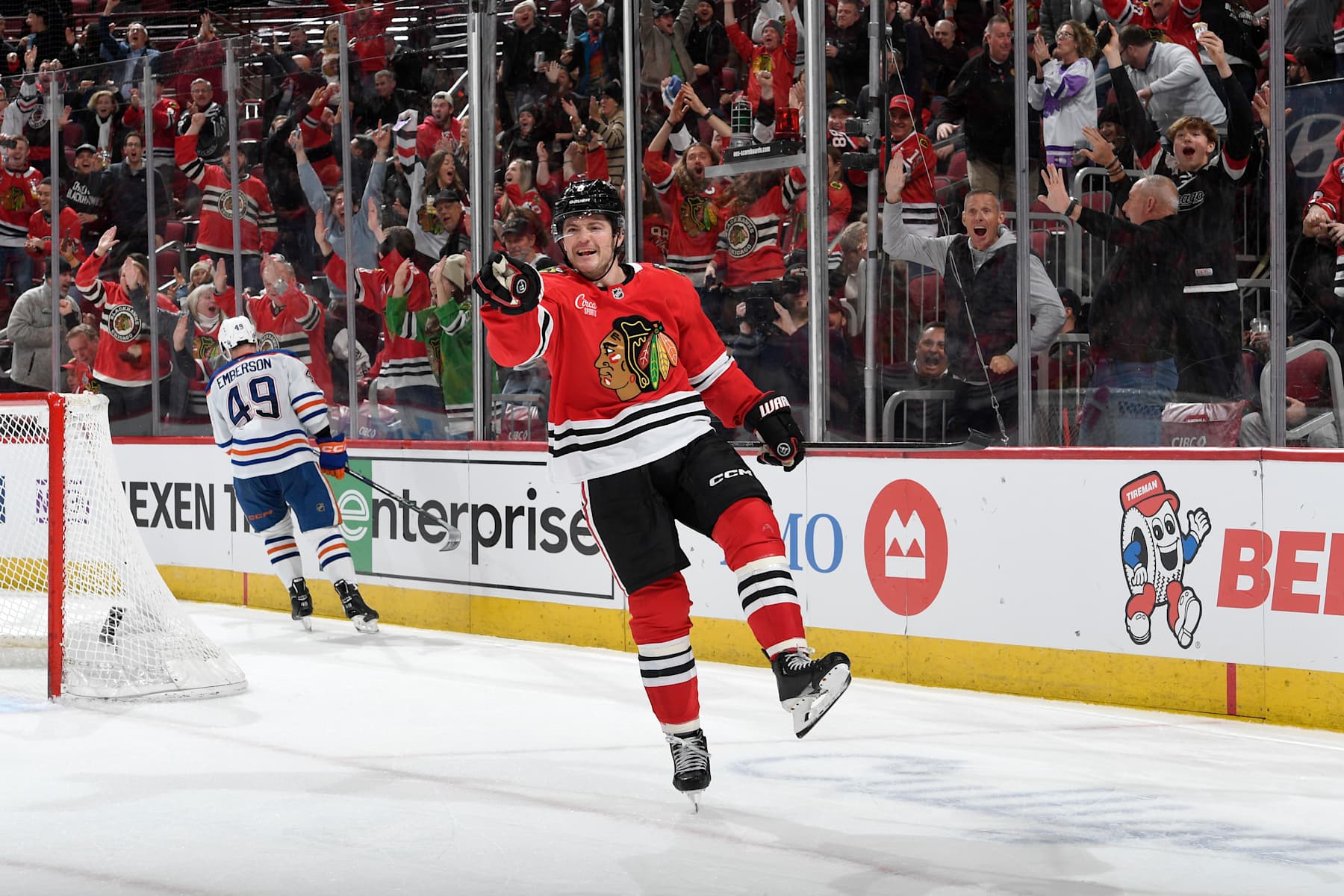 CHICAGO, ILLINOIS - FEBRUARY 05: Ryan Donato #8 of the Chicago Blackhawks reacts after the Blackhawks score against the Edmonton Oilers in the third period at the United Center on February 05, 2025 in Chicago, Illinois. (Photo by Bill Smith/NHLI via Getty Images)