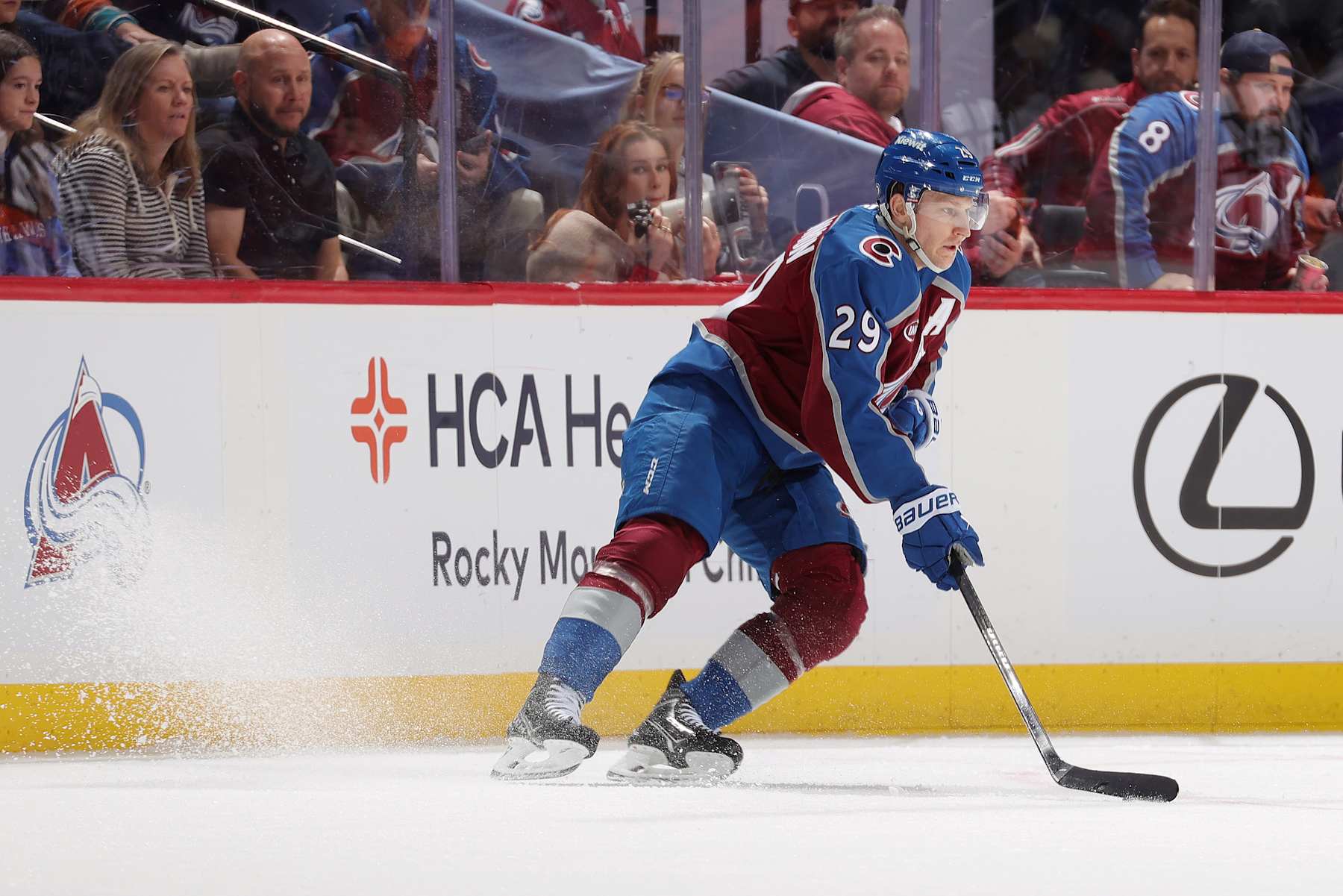 DENVER, COLORADO - FEBRUARY 02: Nathan MacKinnon #29 of the Colorado Avalanche skates against the Philadelphia Flyers at Ball Arena on February 2, 2025 in Denver, Colorado. (Photo by Michael Martin/NHLI via Getty Images)